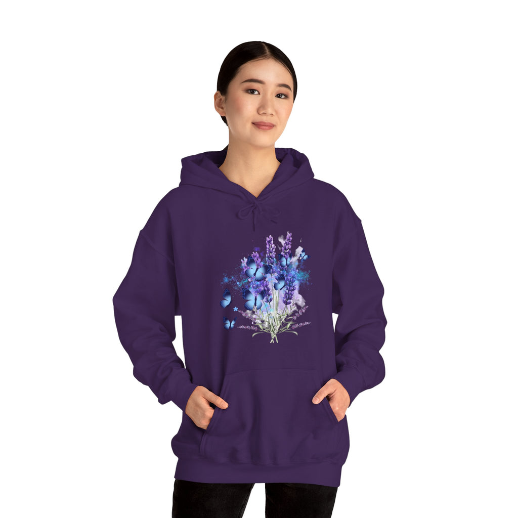 Person wearing a purple hoodie with a floral design on a white background