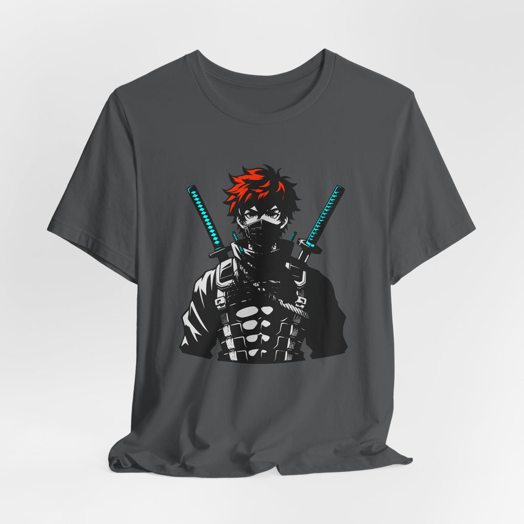 Gray t-shirt with a graphic of a character holding swords on a white background