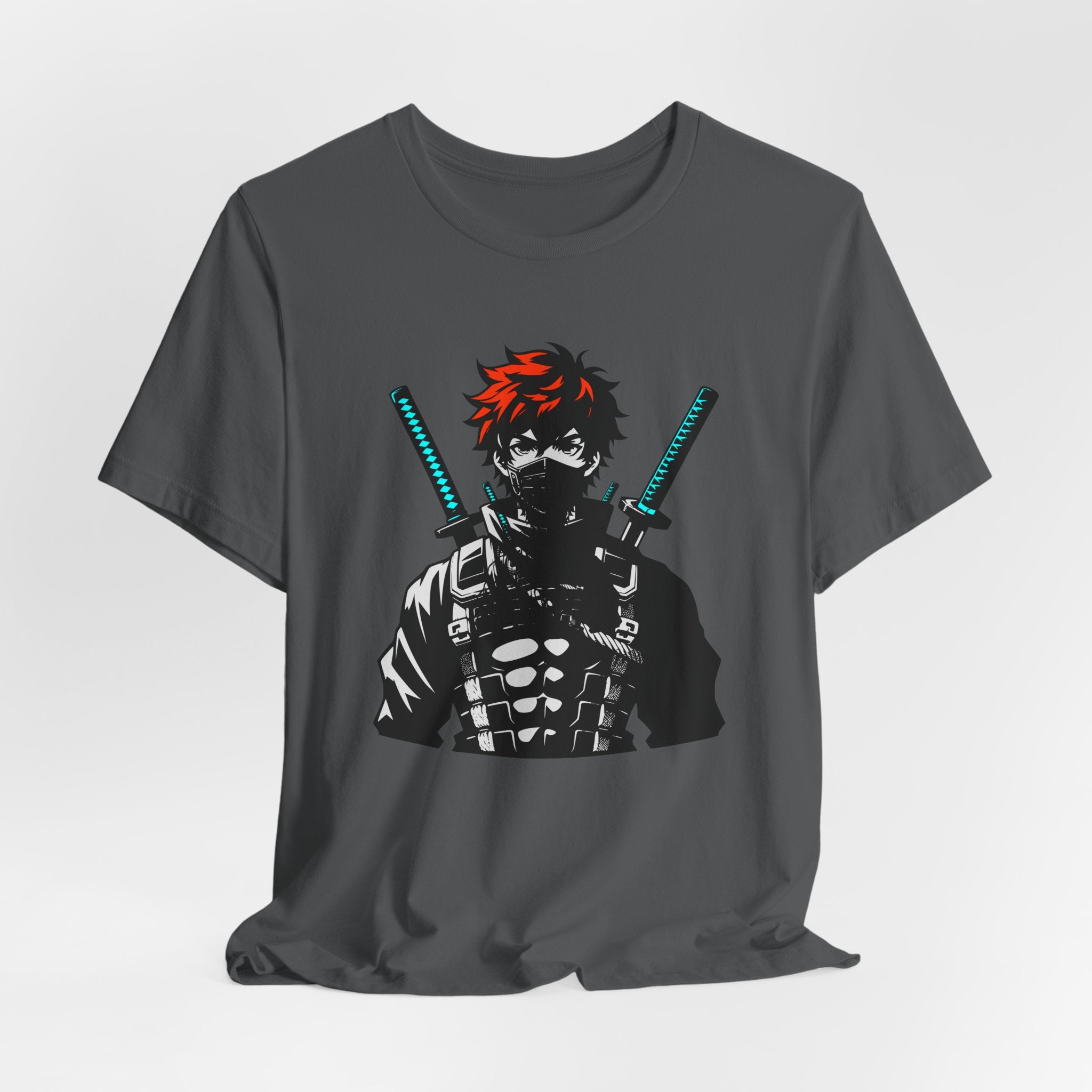 Gray t-shirt with a graphic of a character holding swords on a white background