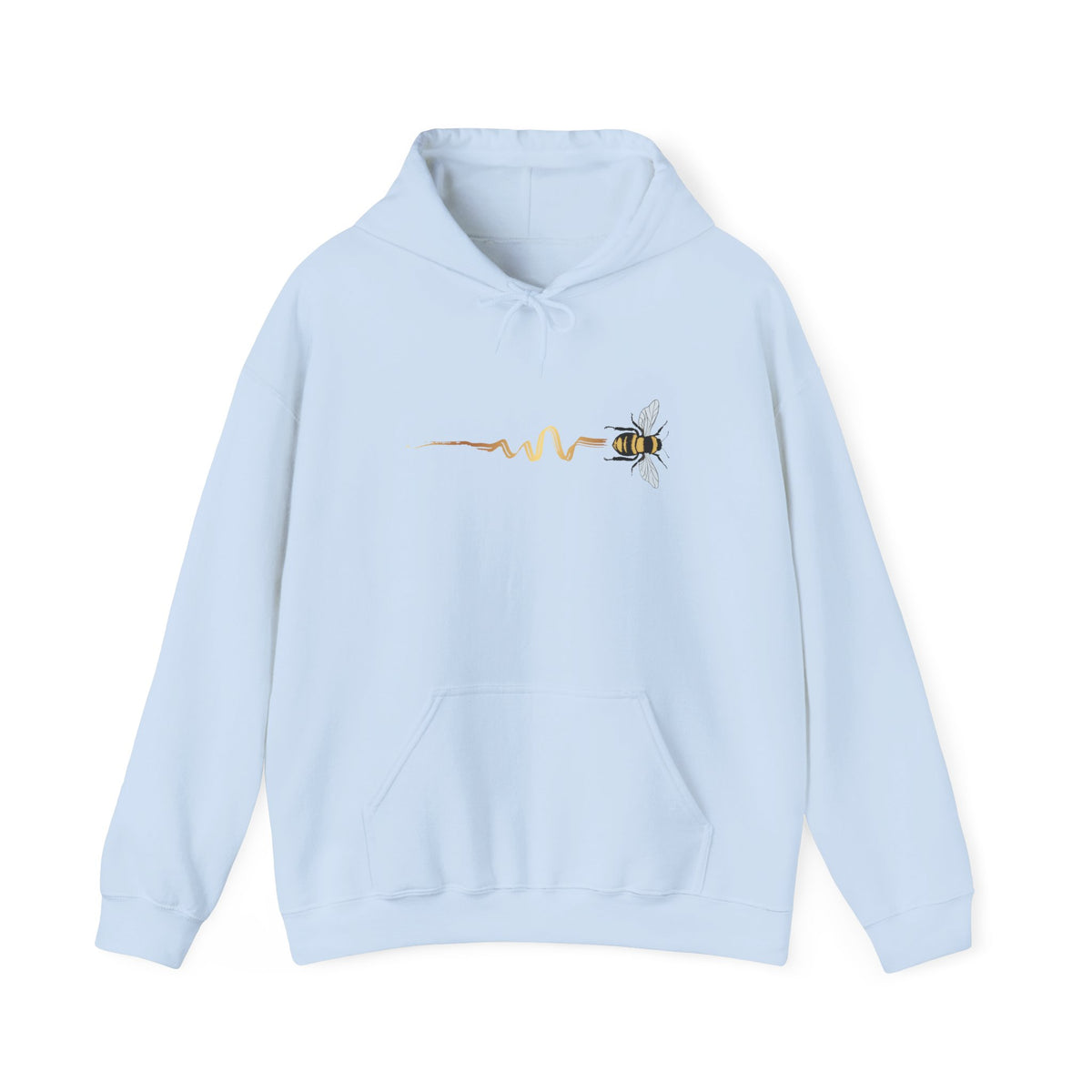 Light blue hoodie with a bee design on a white background