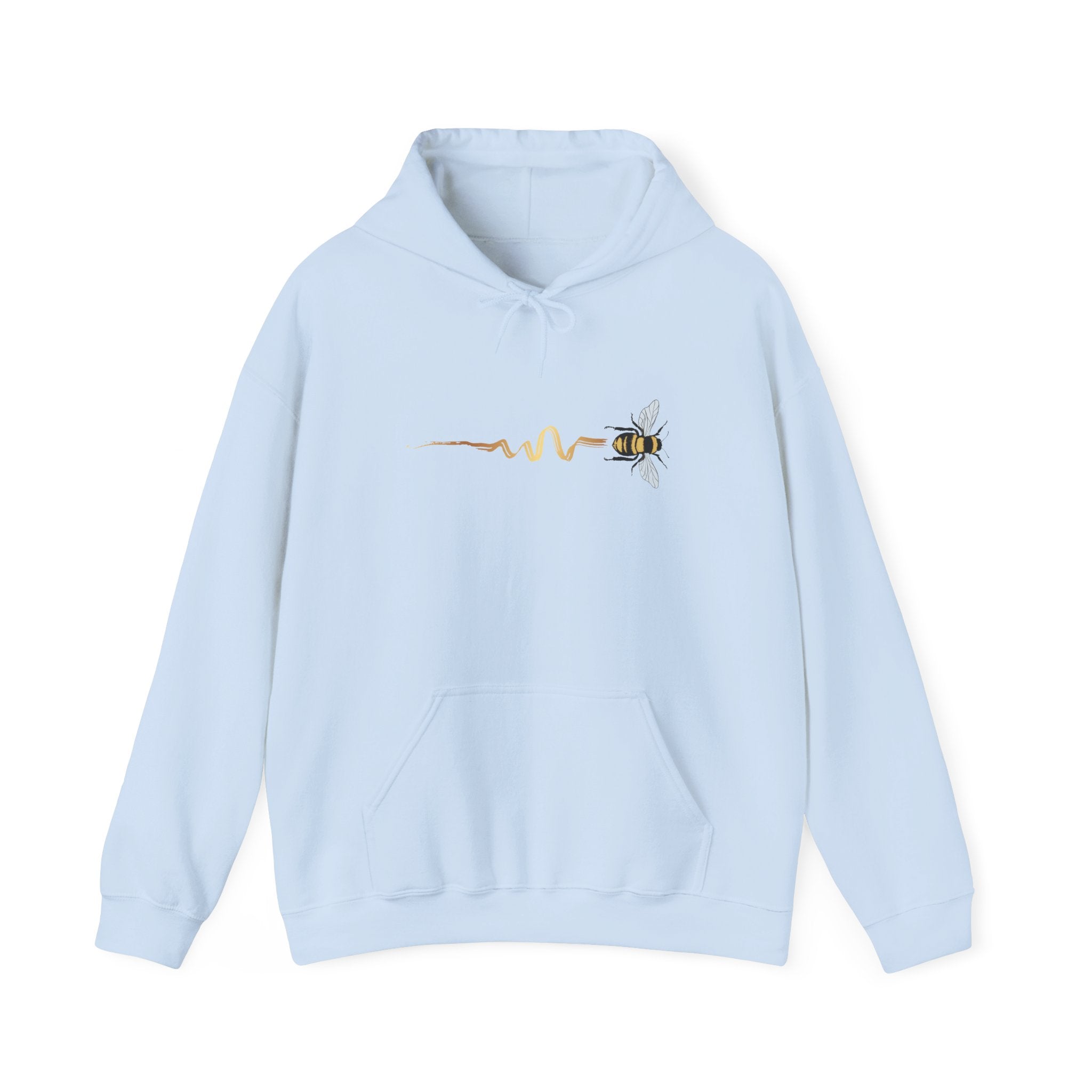 Light blue hoodie with a bee design on a white background