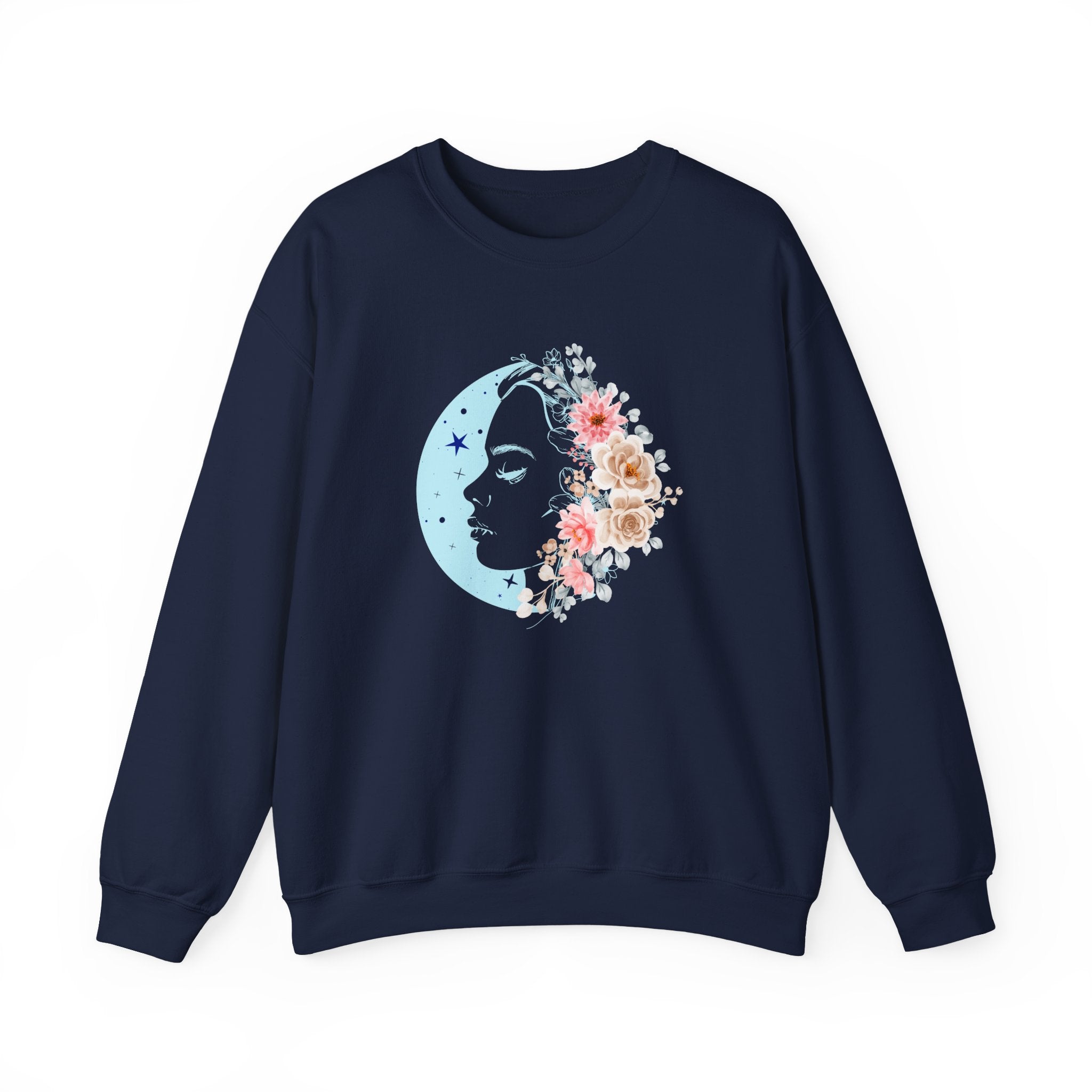 Navy blue sweatshirt with a floral moon design on a white background