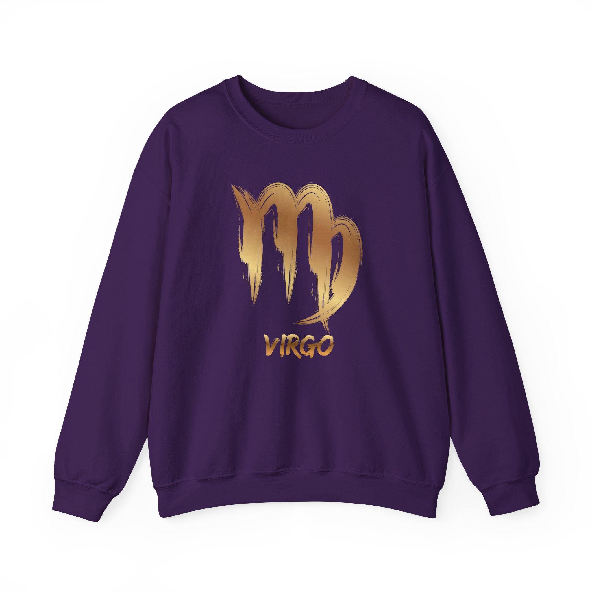 Purple sweatshirt with gold Virgo zodiac sign design on a white background