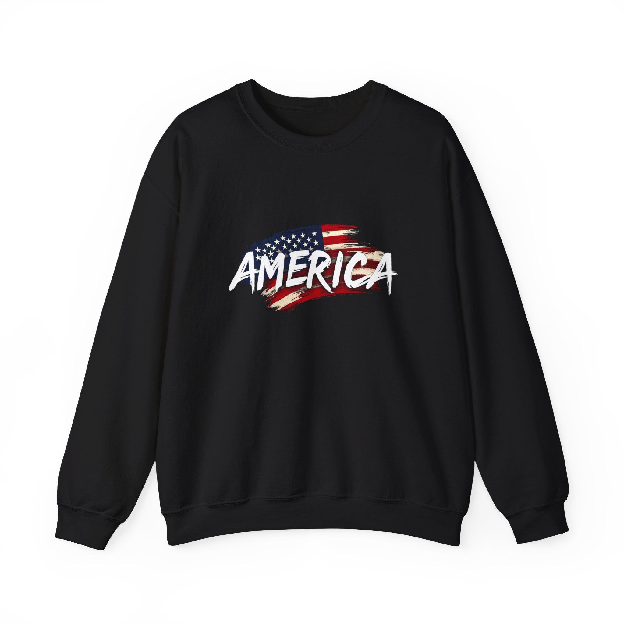 Black sweatshirt with 'America' and an American flag design on a white background