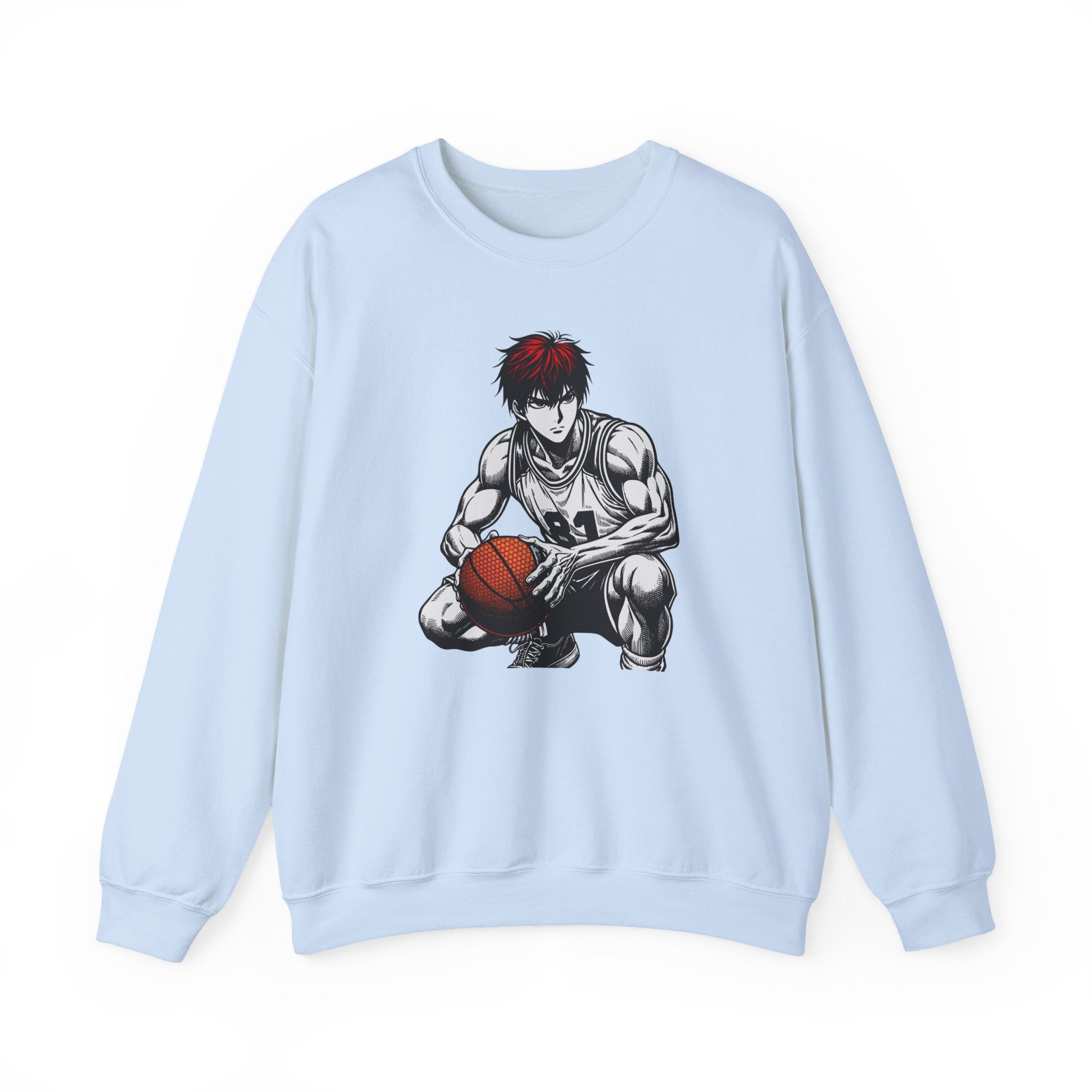 Light blue sweatshirt with an anime-style graphic of a character holding a basketball on a white background