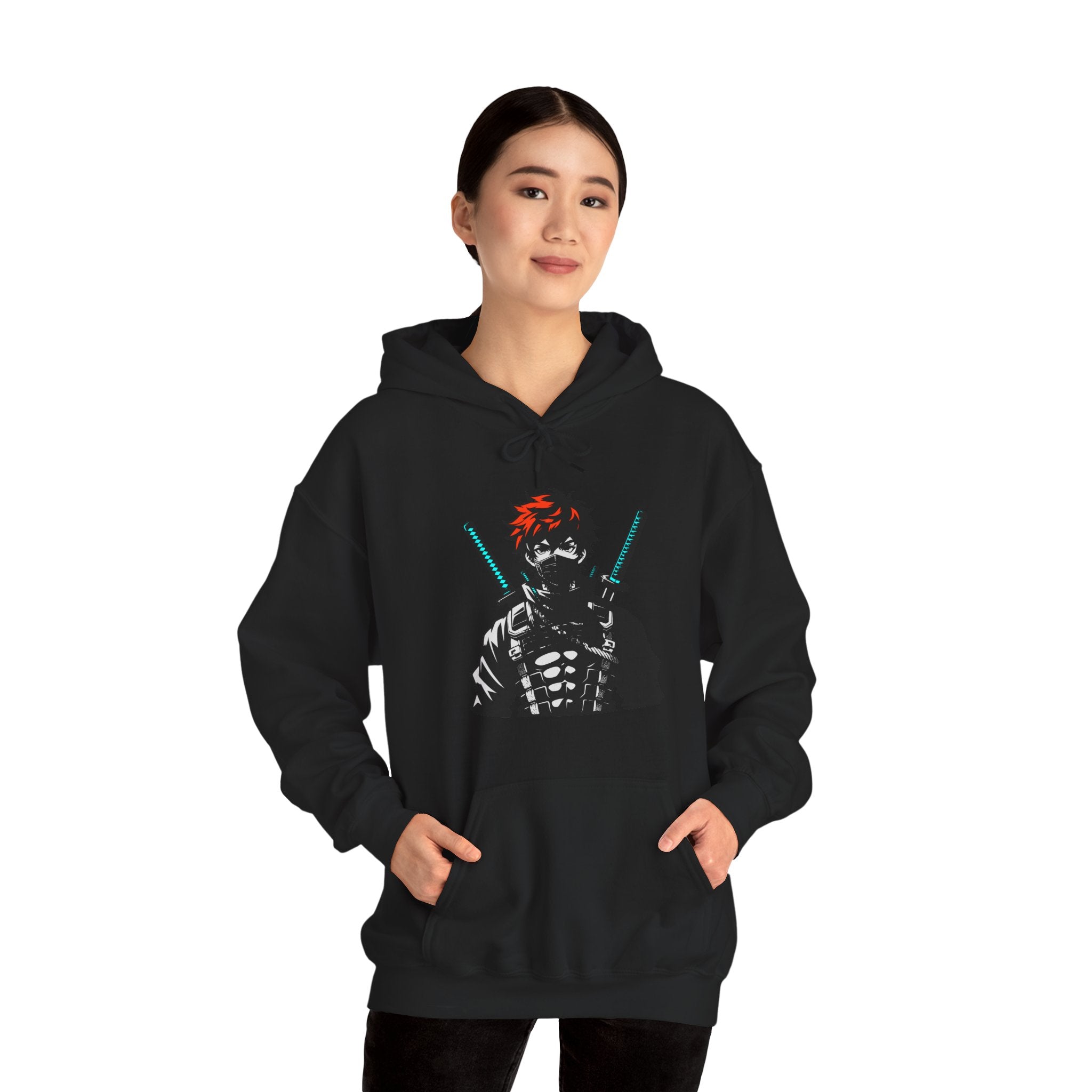 Person wearing a black hoodie with a graphic design on a white background