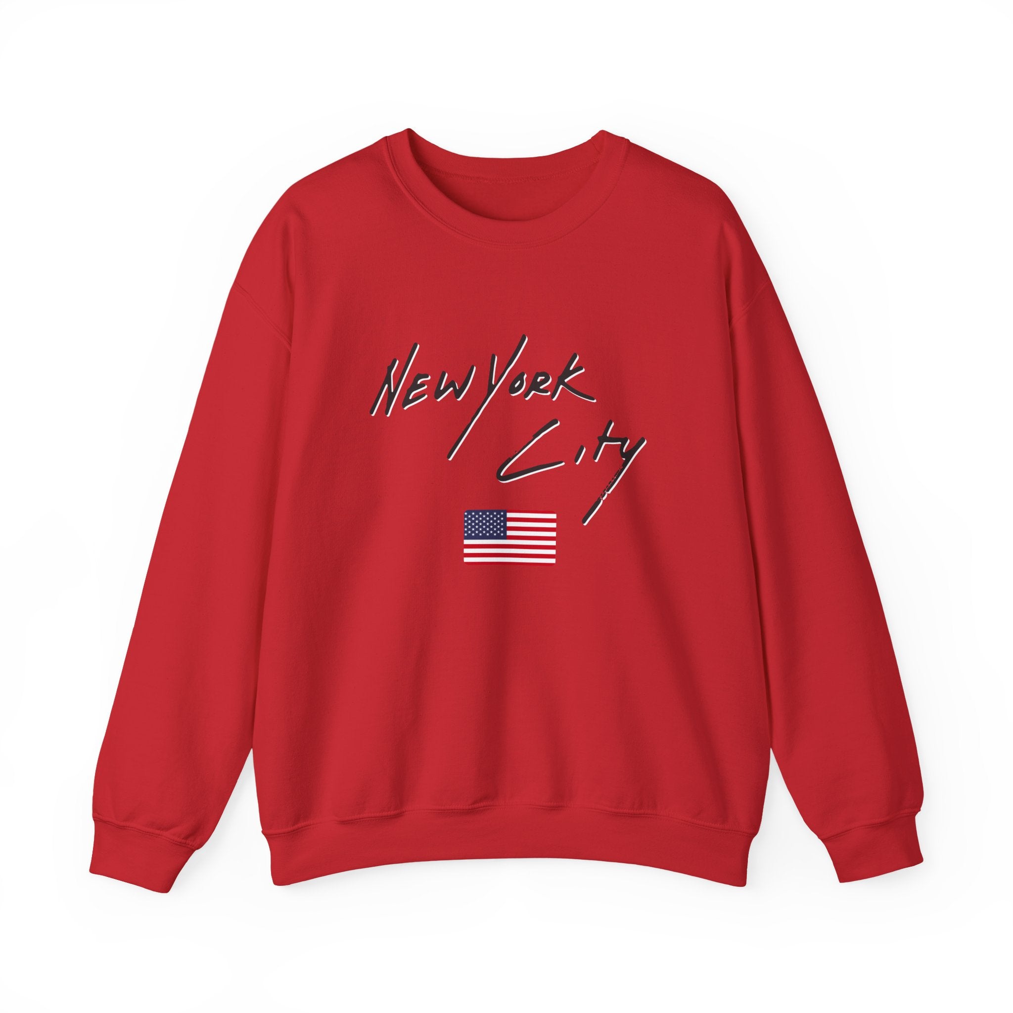 Red sweatshirt with 'New York City' text and American flag on a white background