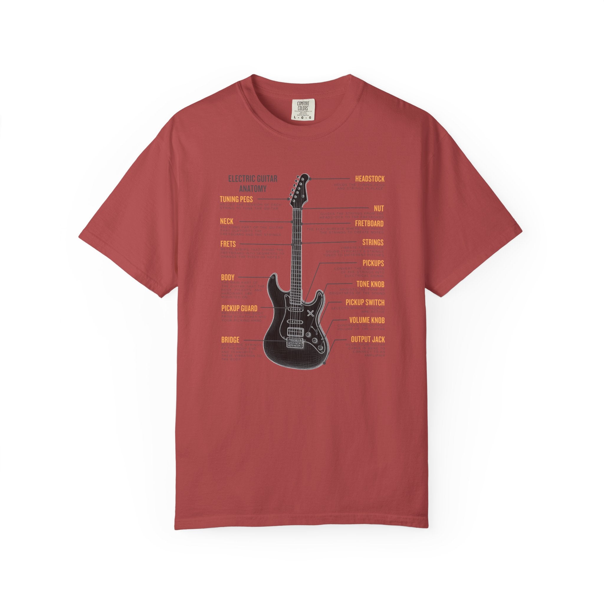 Red t-shirt with a black electric guitar diagram on a white background