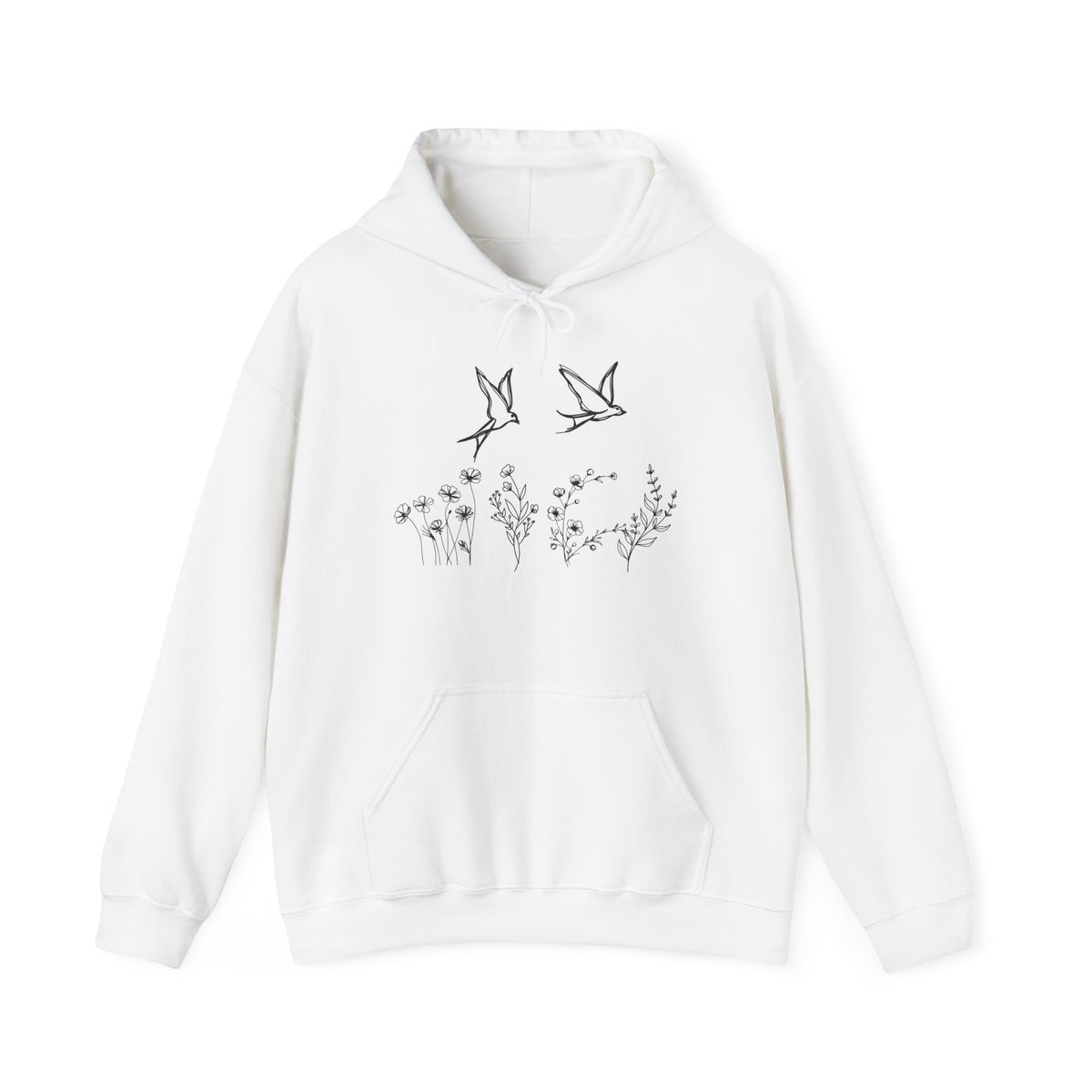 White hoodie with a bird and flower graphics on a white background