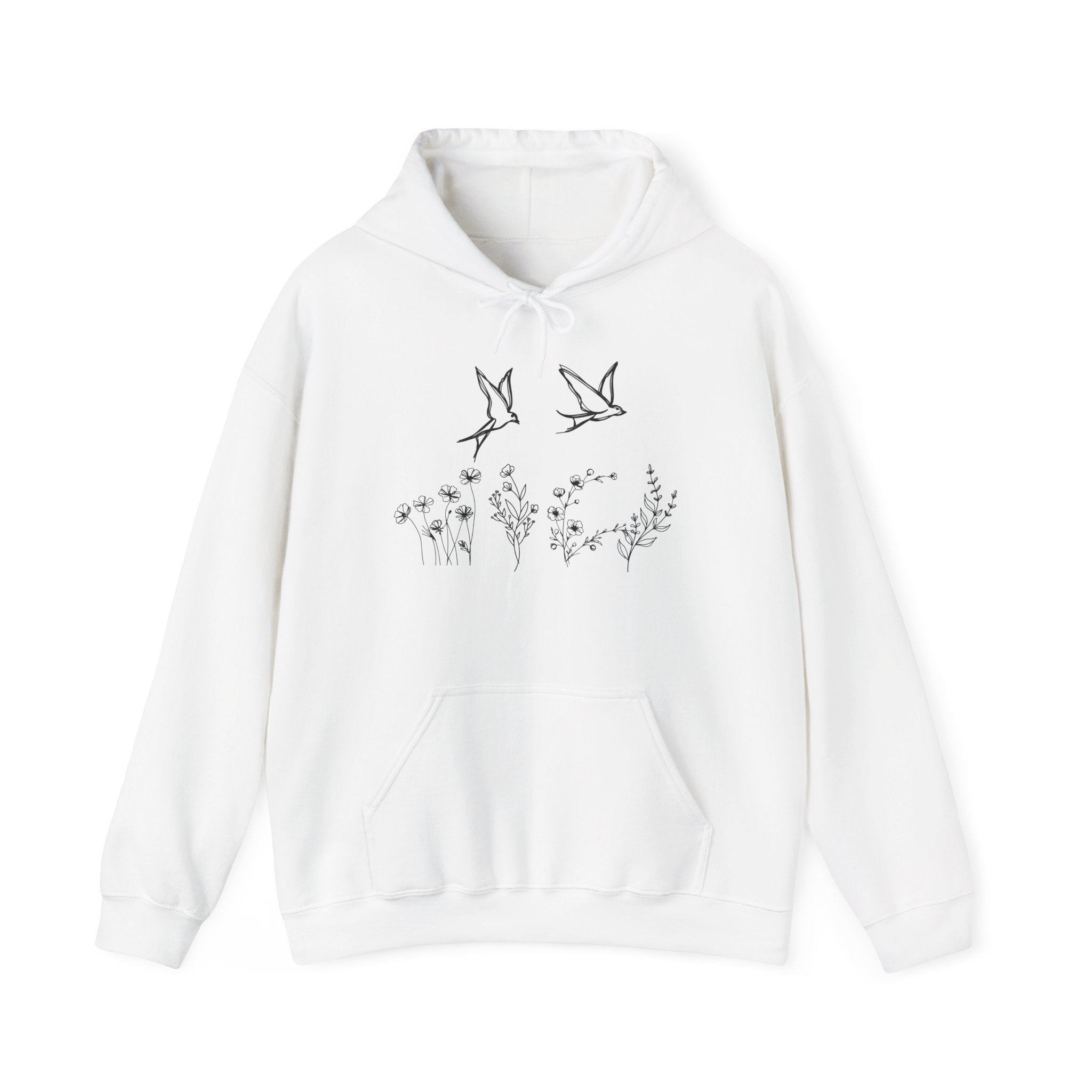 White hoodie with a bird and flower graphics on a white background