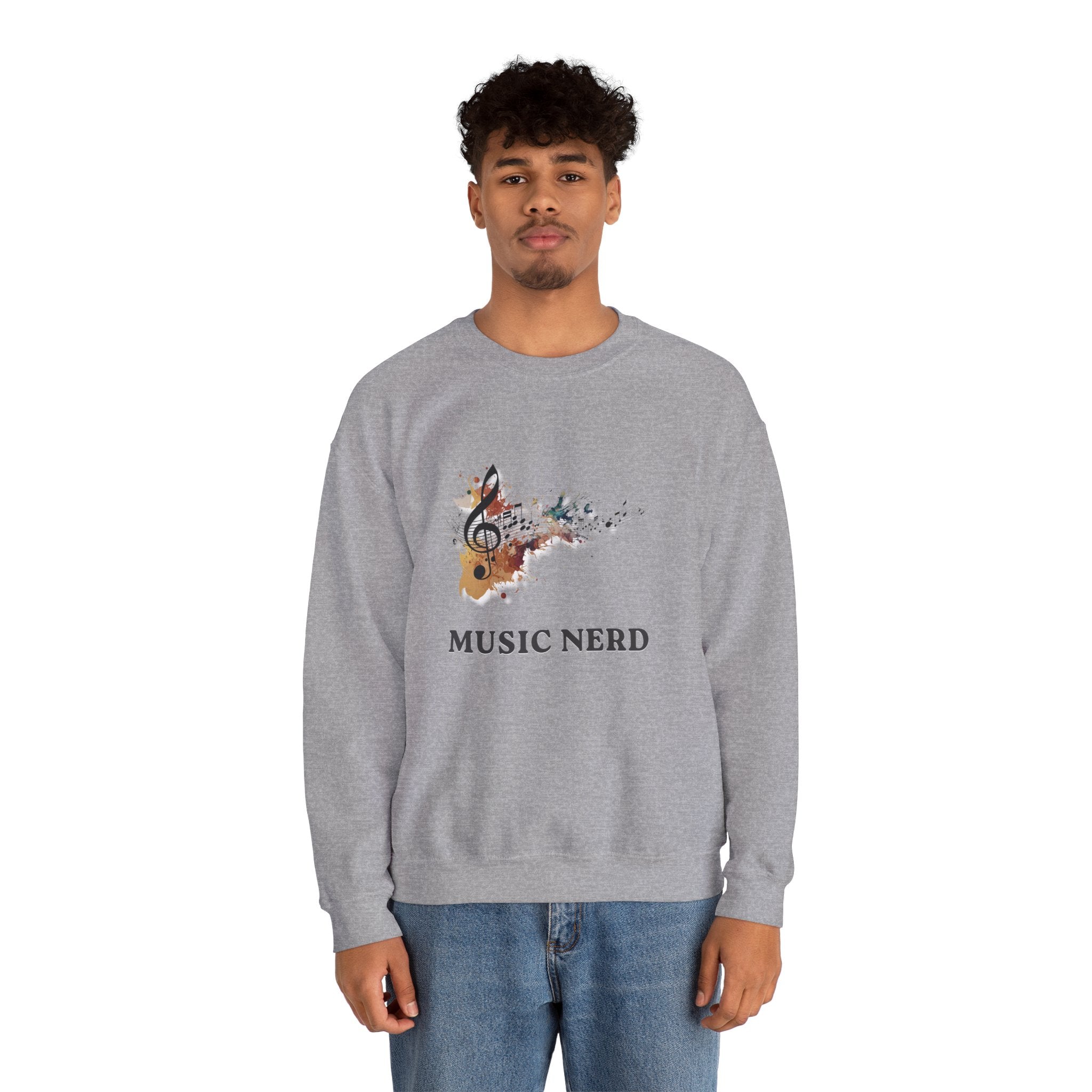 Person wearing a gray sweatshirt with 'Music Nerd' design on a white background