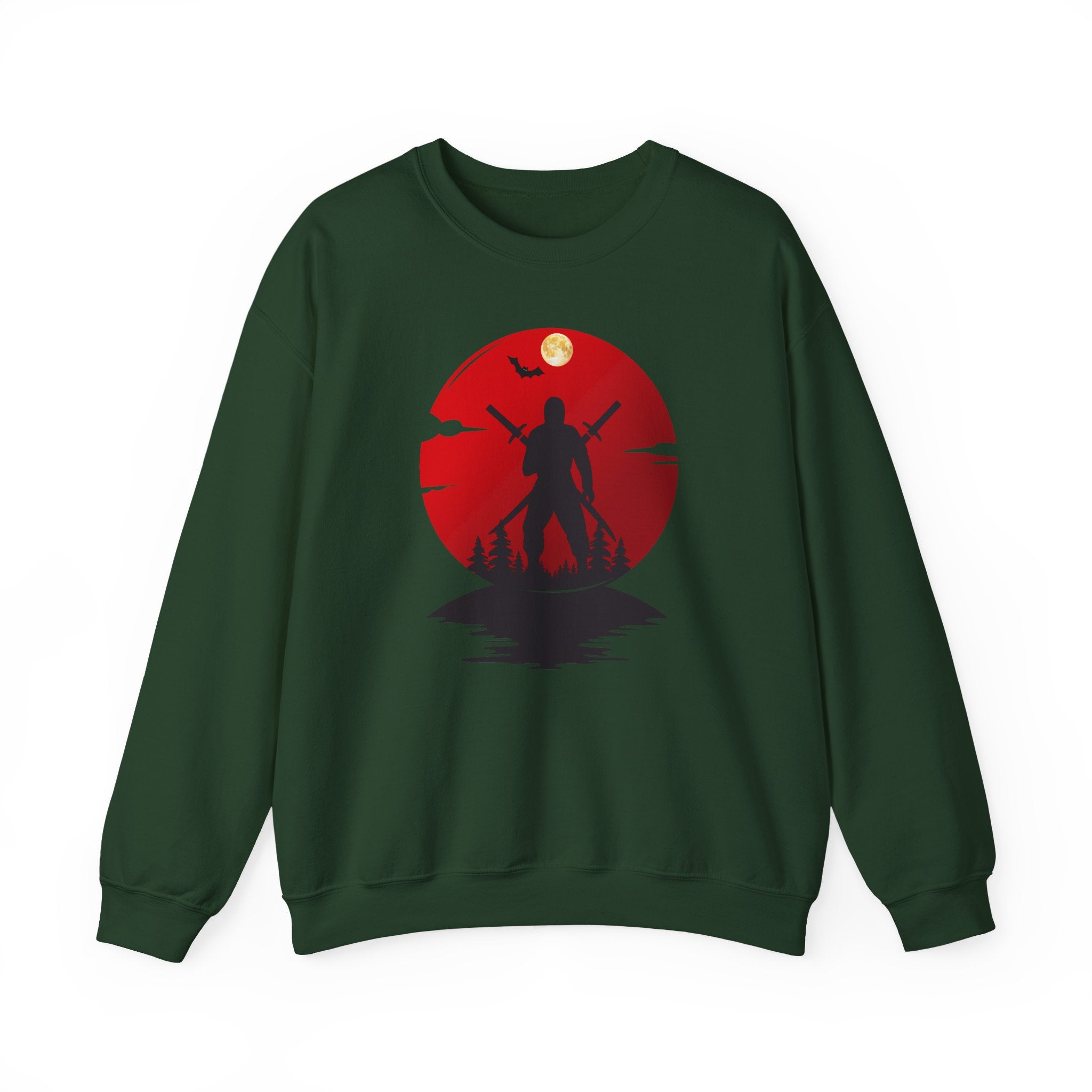 Green sweatshirt with a red and black ninja graphic design on a white background