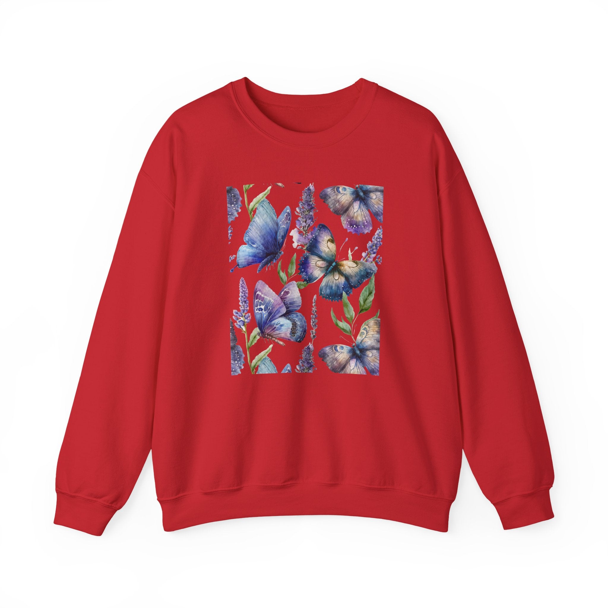 Red sweatshirt with butterfly design on a white background