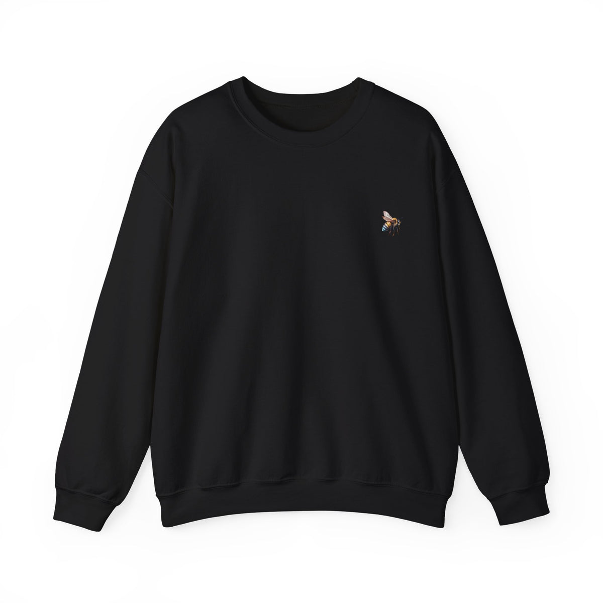 Black sweatshirt with a small bee logo on a white background