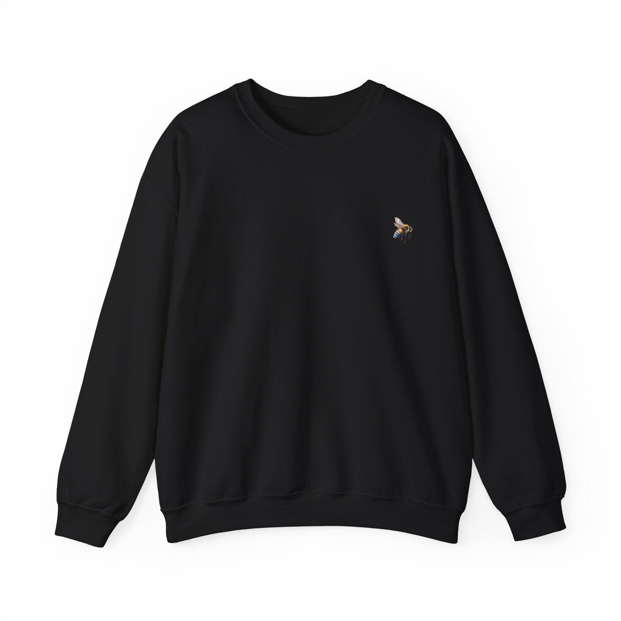 Black sweatshirt with a small bee logo on a white background