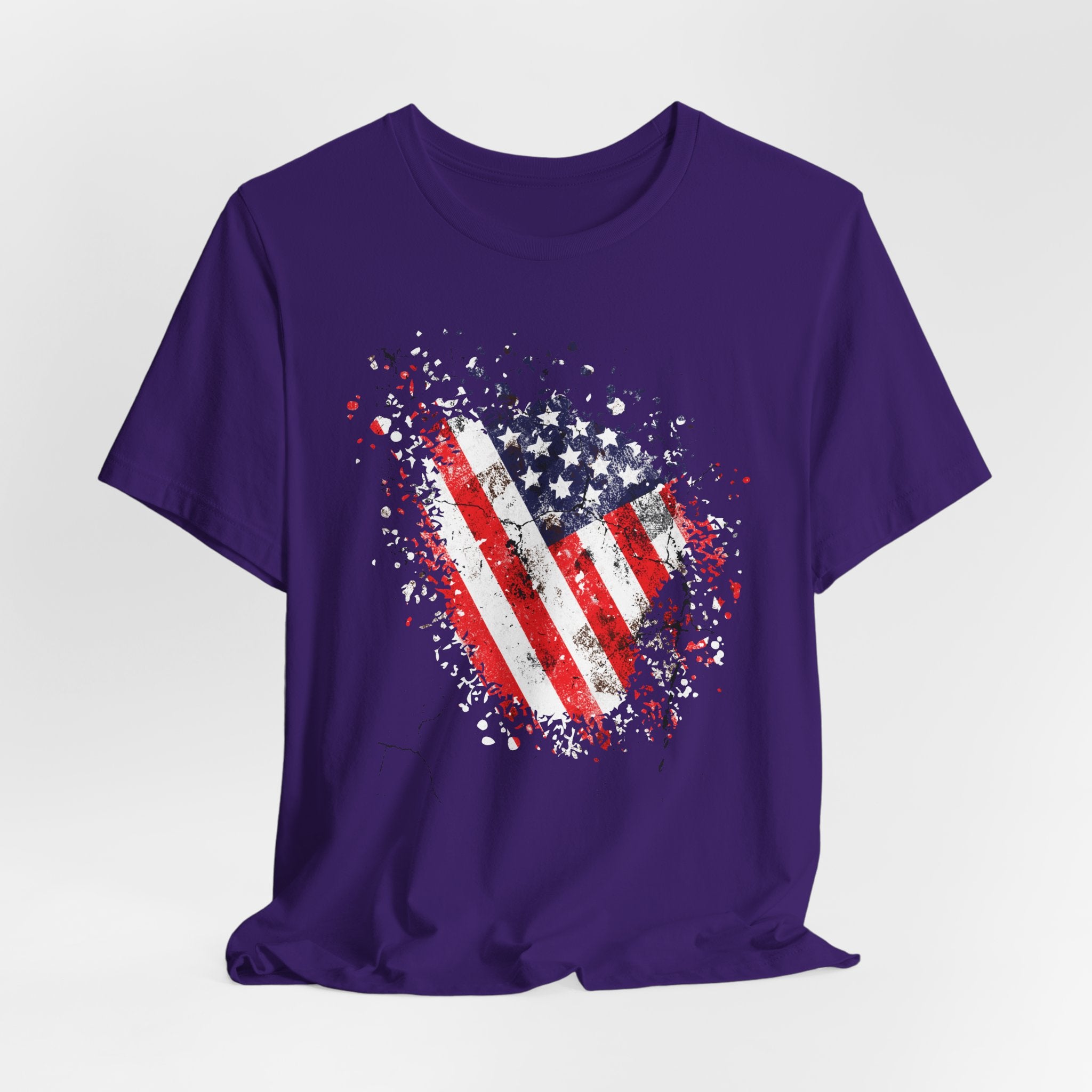 Purple t-shirt with a distressed American flag design on a white background