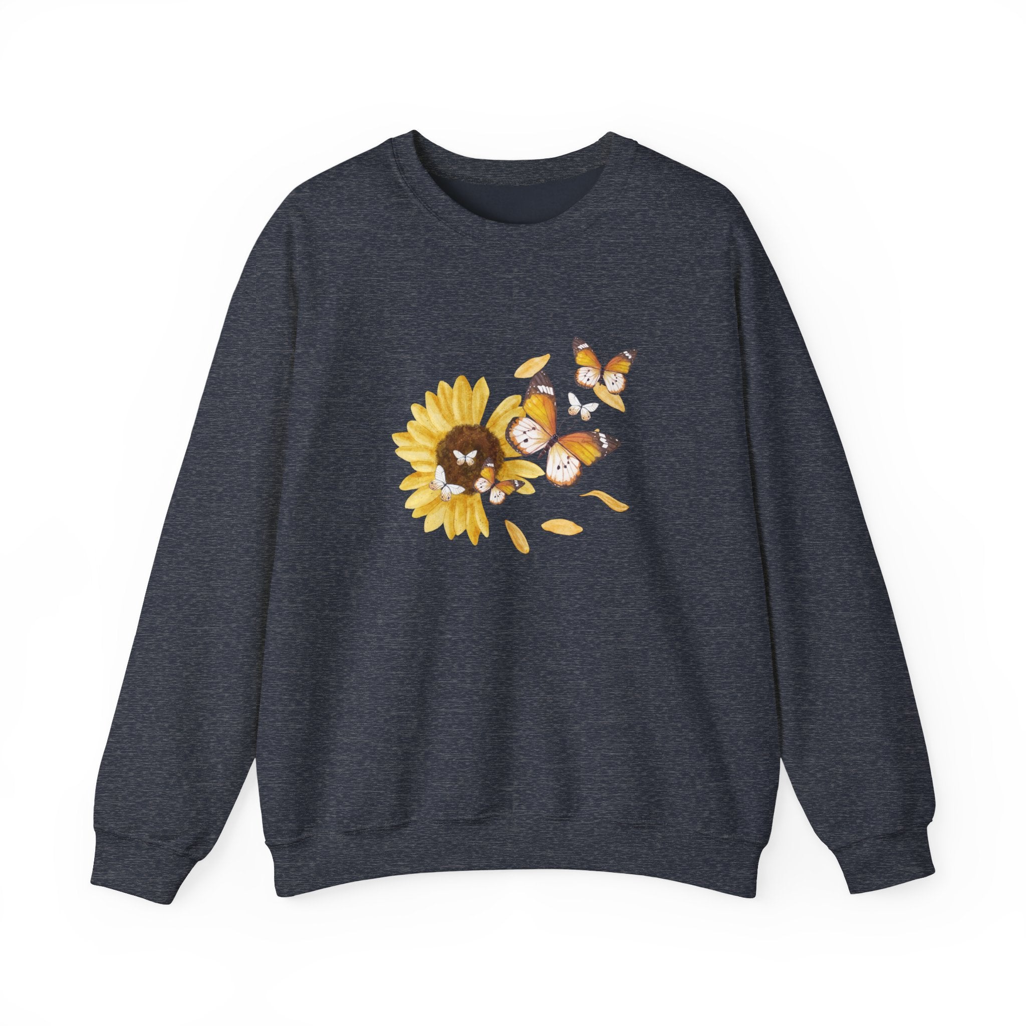 Dark navy sweatshirt with sunflower and butterfly design on a white background