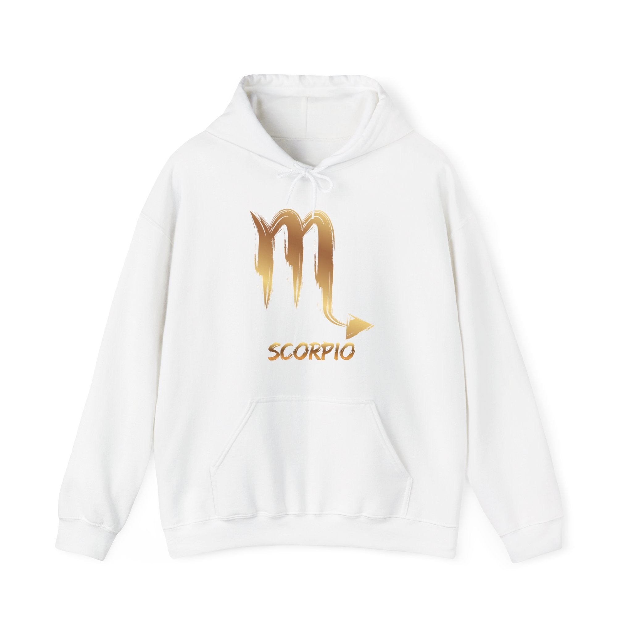 White hoodie with gold Scorpio symbol and text on a white background