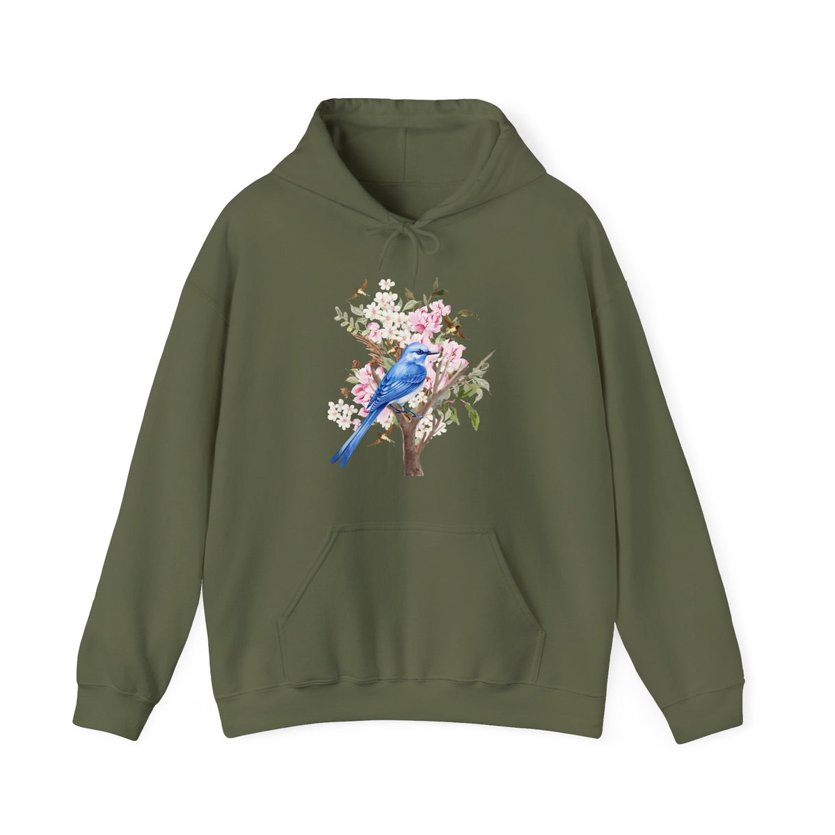 Green hoodie with a blue bird and floral design on a white background
