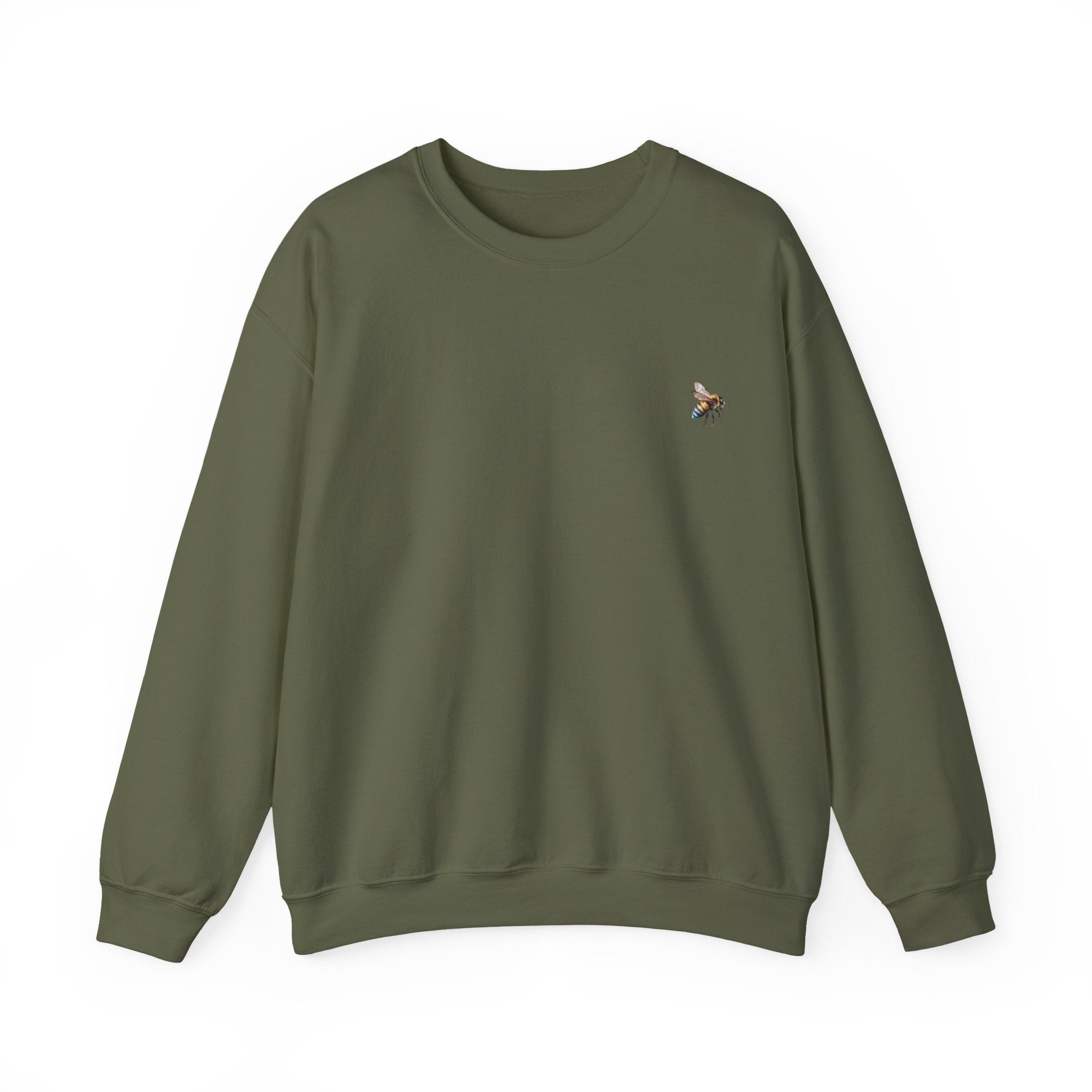 Green sweatshirt with a small bee logo on a white background