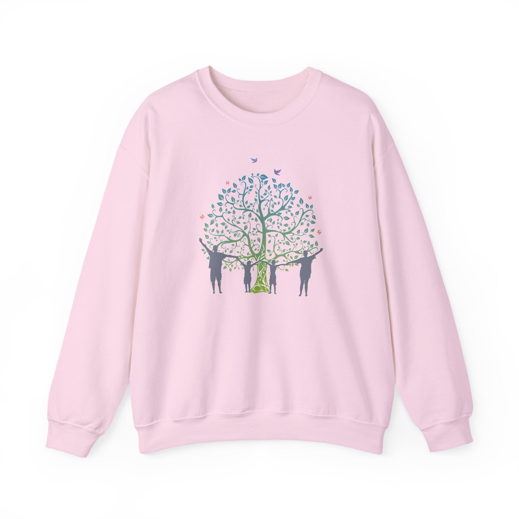 Pink sweatshirt with a tree and people design on a white background