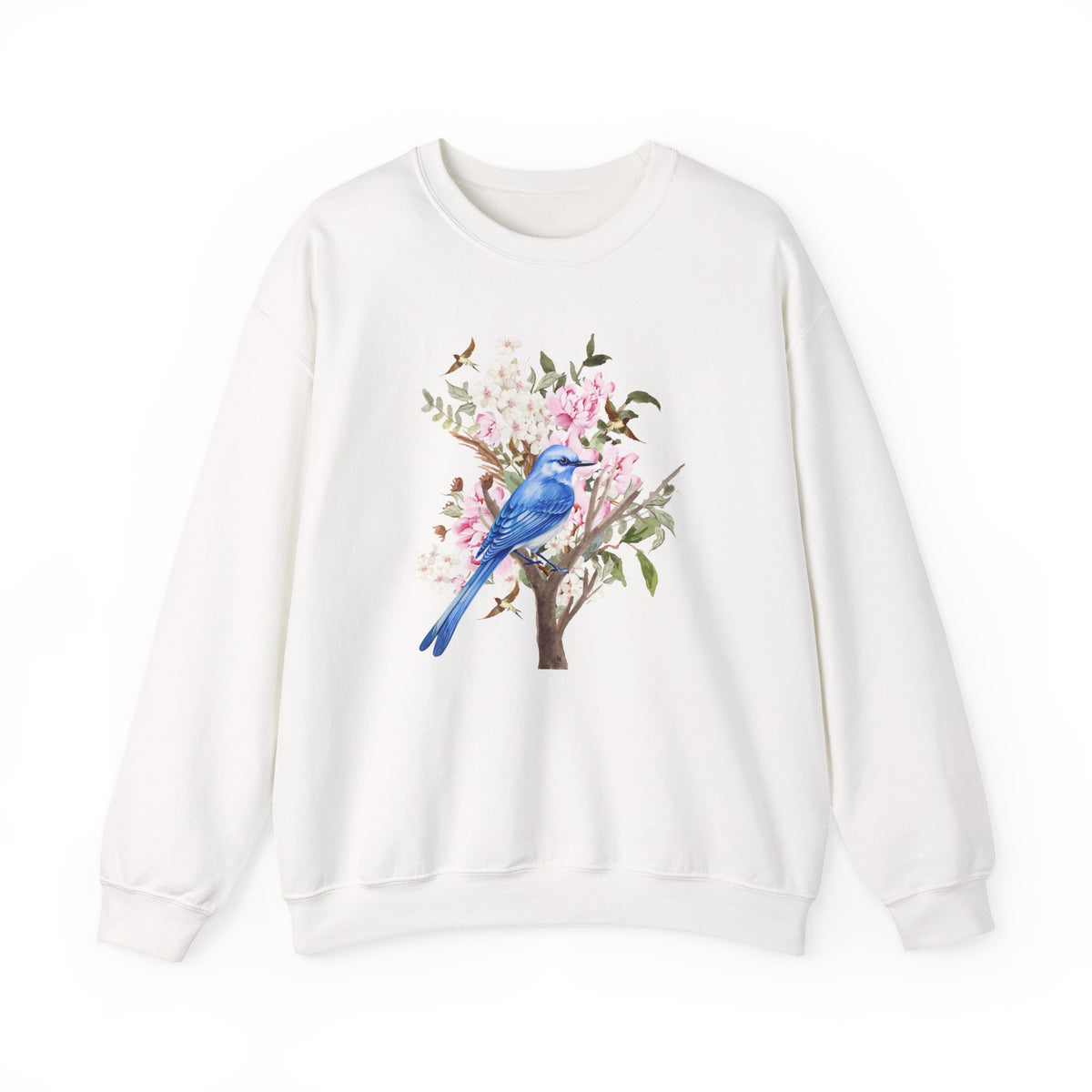 White sweatshirt with a blue bird and floral design on a white background