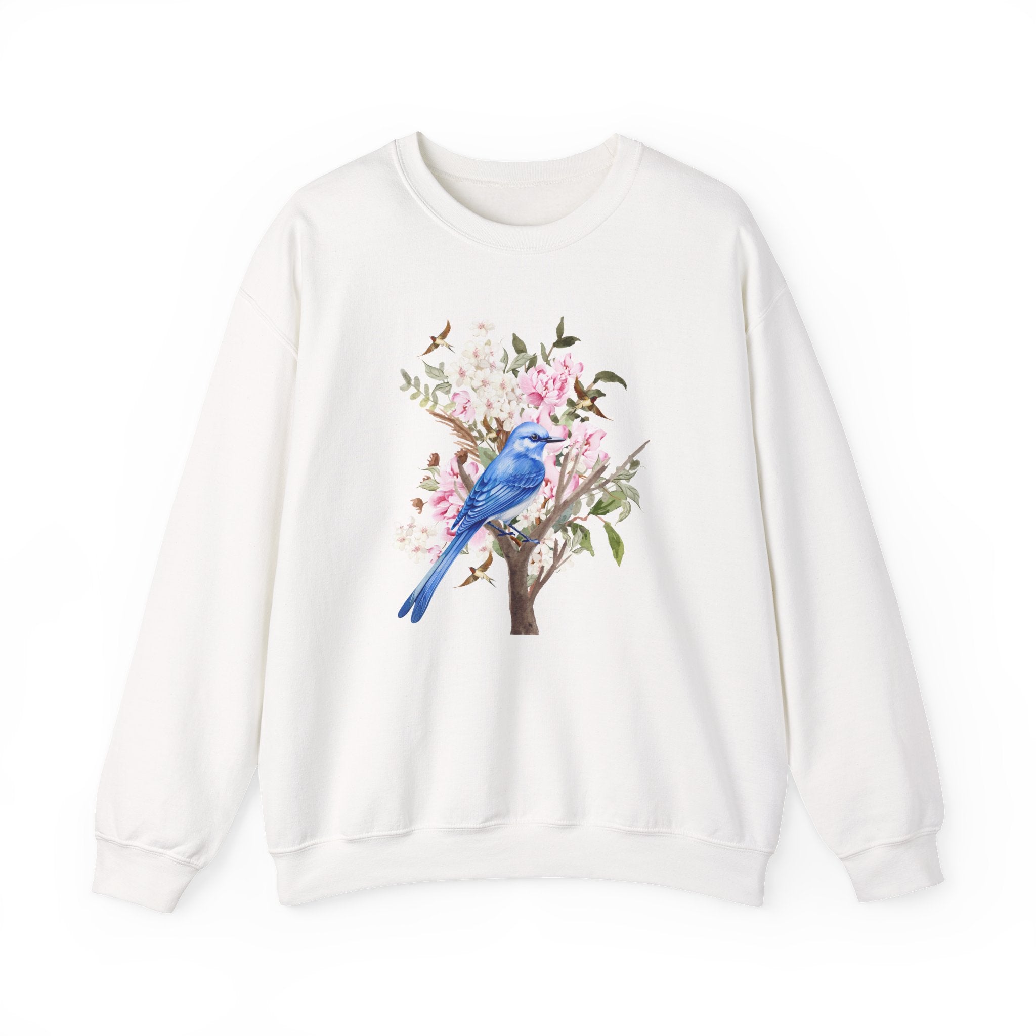 White sweatshirt with a blue bird and floral design on a white background