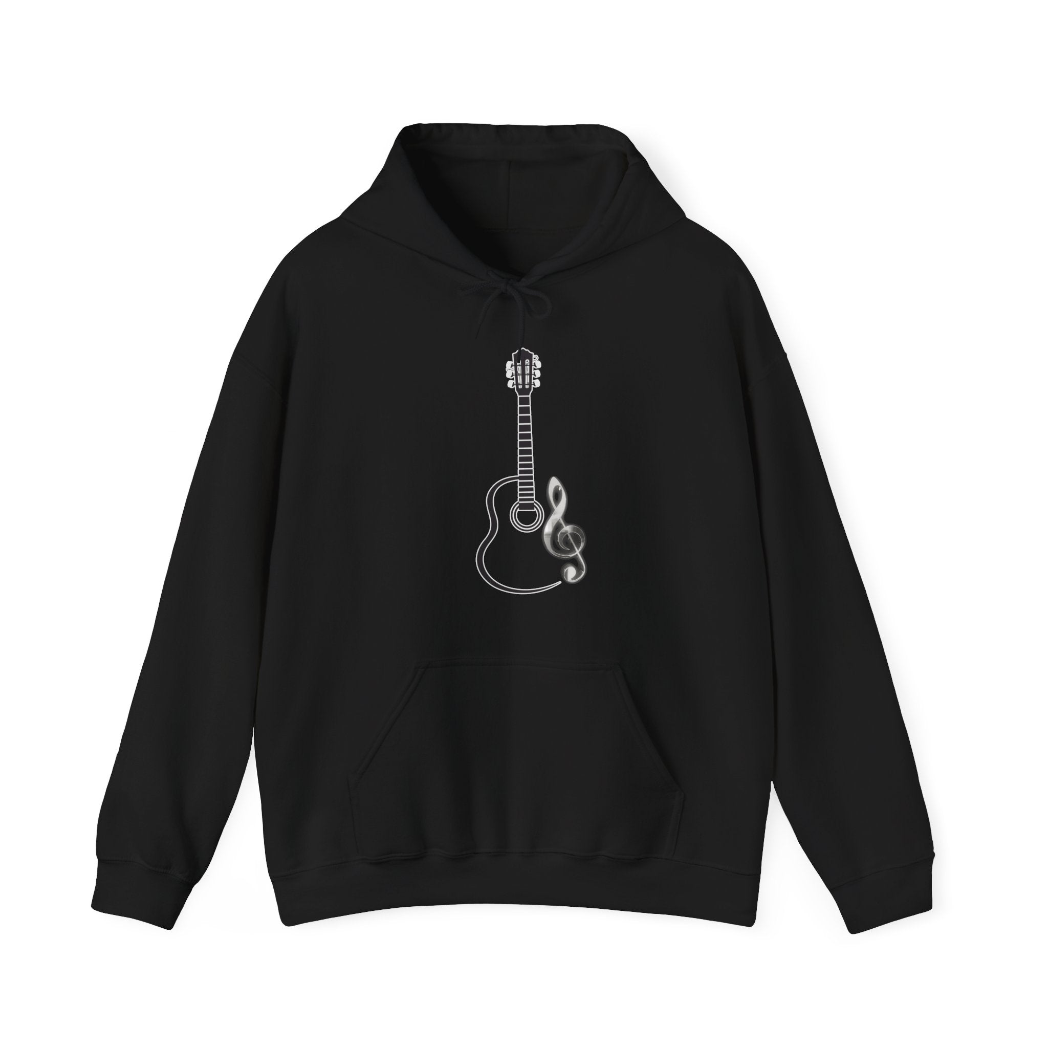 Black hoodie with a guitar and treble clef design on a white background