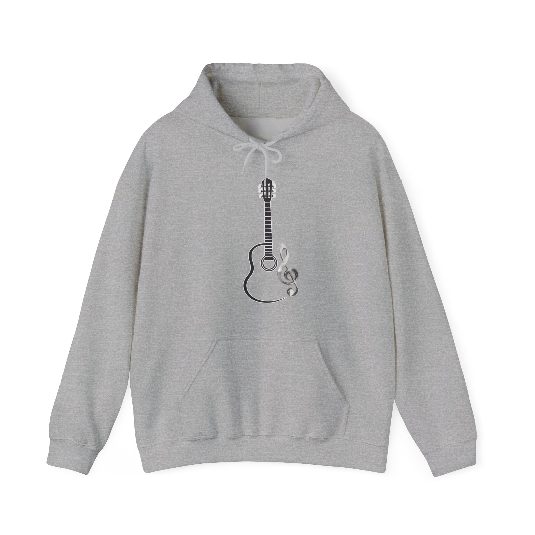 Gray hoodie with guitar design on a white background