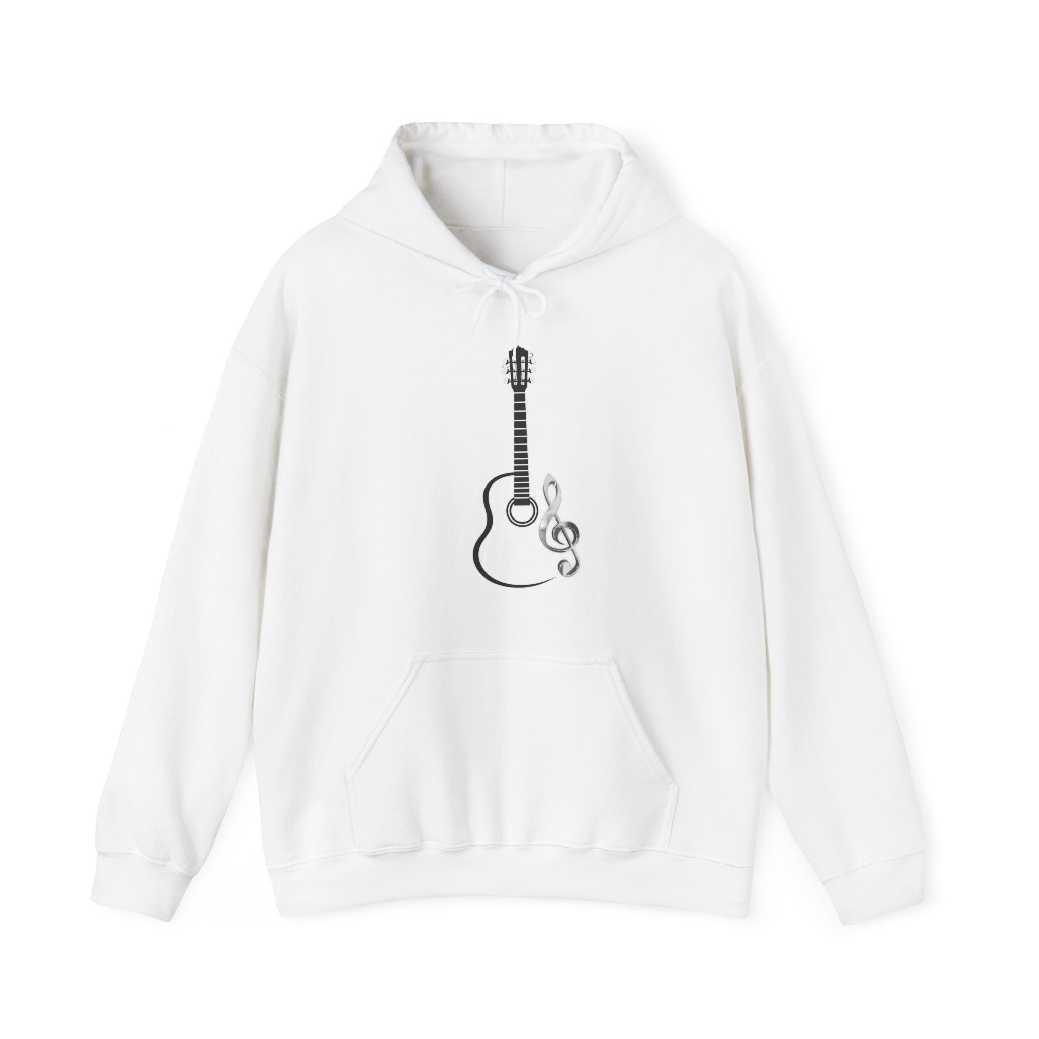 White hoodie with a guitar and treble clef design on a white background