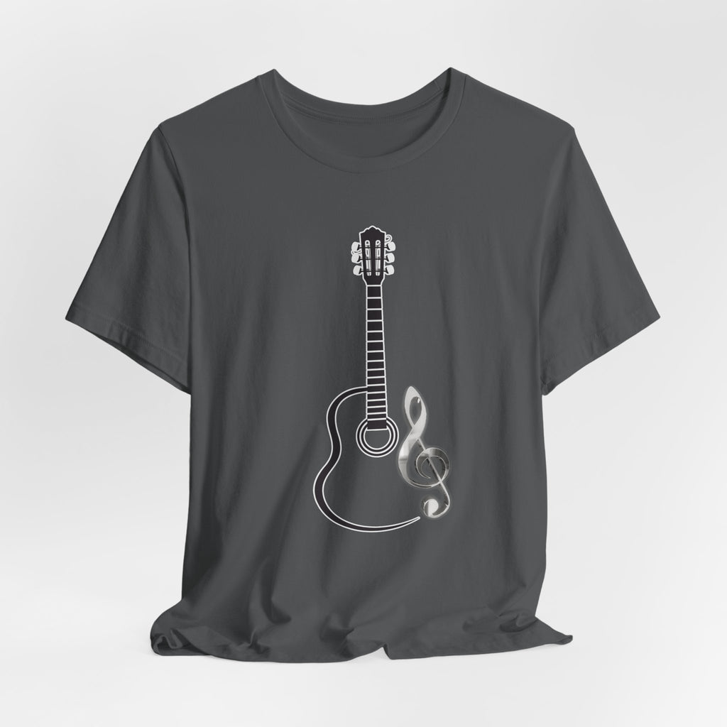 Asphalt gray t-shirt with a guitar and treble clef design on a light gray background