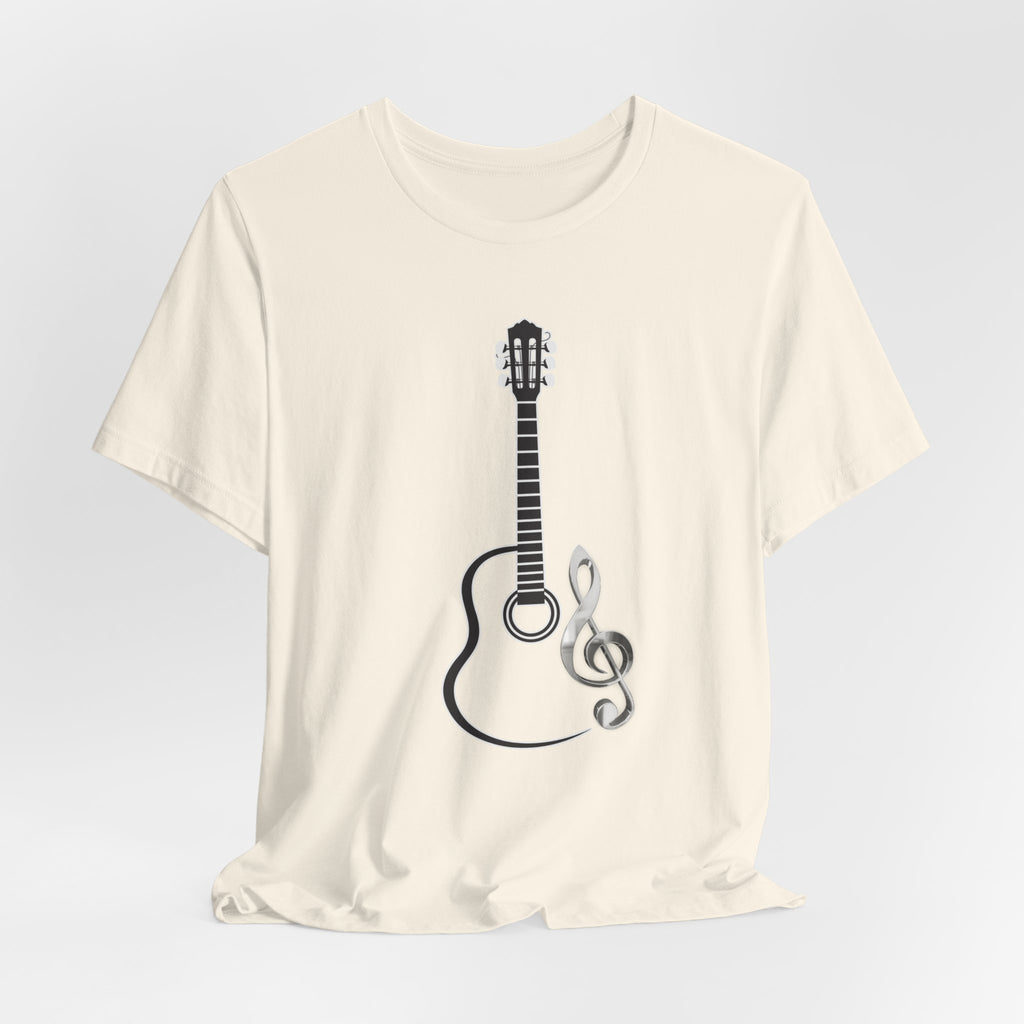 Beige t-shirt with a guitar and treble clef design on a light gray background