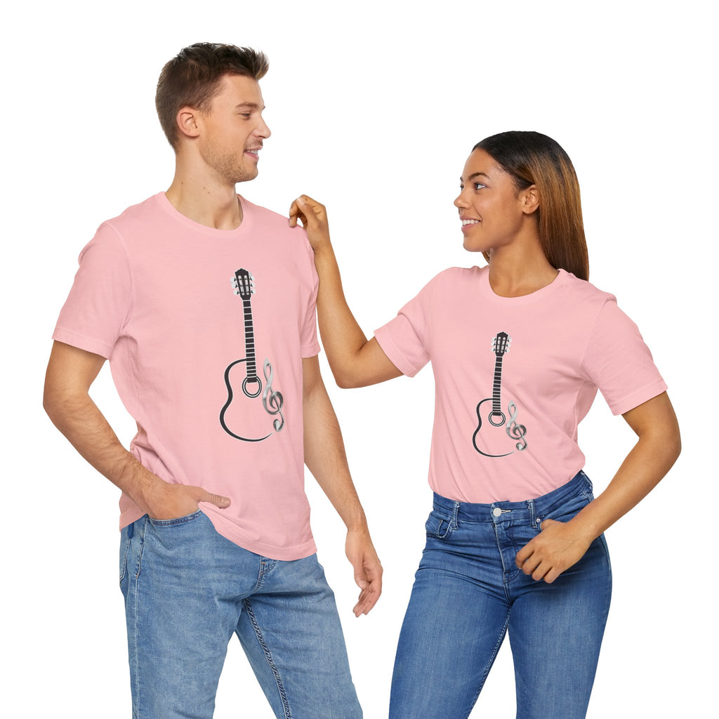 Two people wearing pink t-shirts with guitar and treble clef designs on a white background