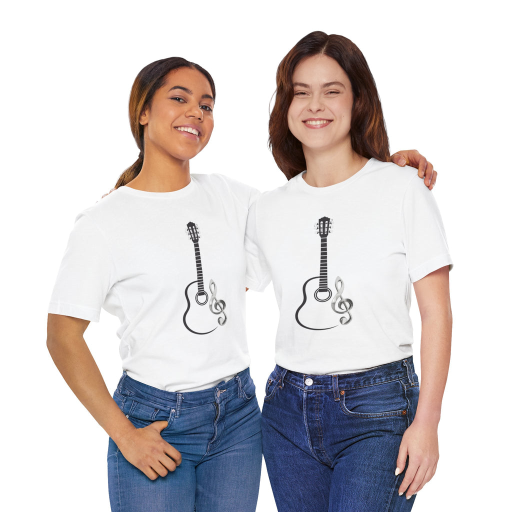 Two people wearing white t-shirts with guitar and treble clef designs on a white background