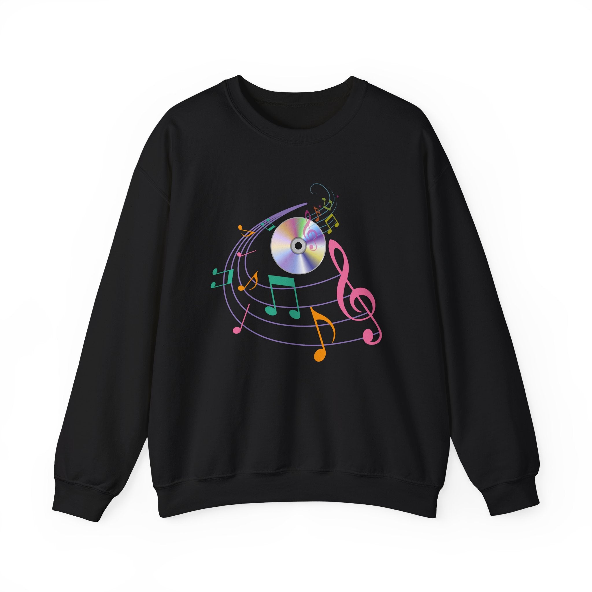 Black sweatshirt with colorful music-themed design on a white background