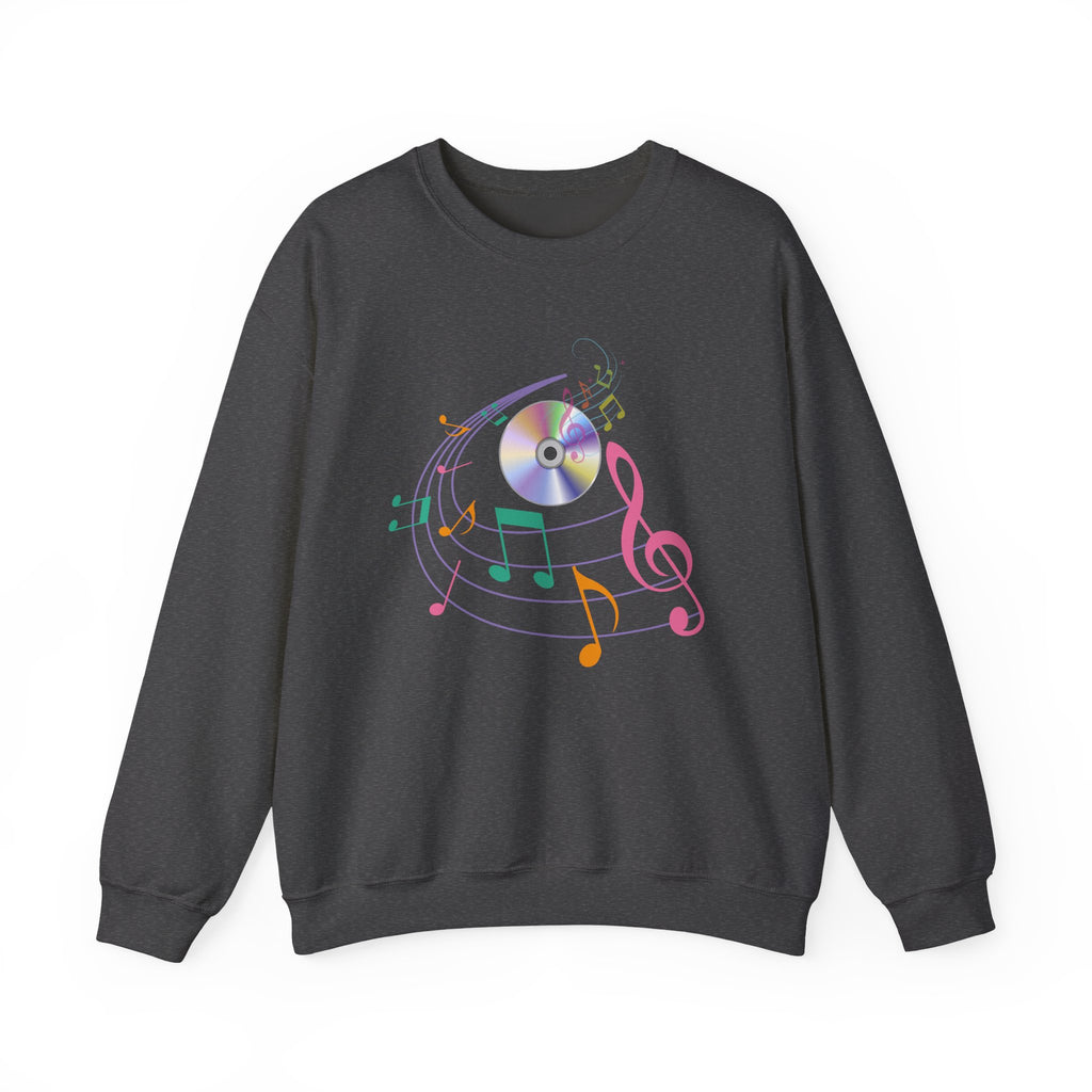 Dark heather sweatshirt with colorful music notes and a CD on a white background