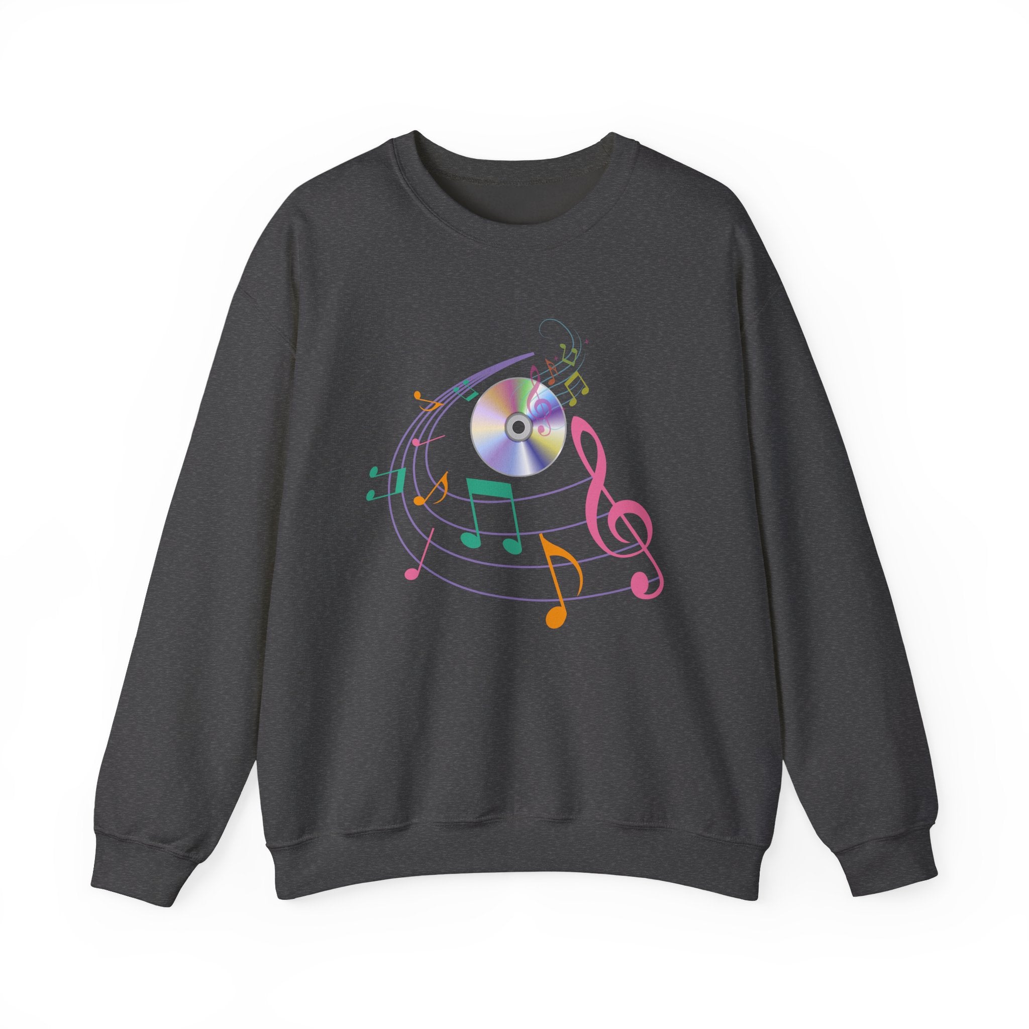Dark heather sweatshirt with colorful music notes and a CD on a white background