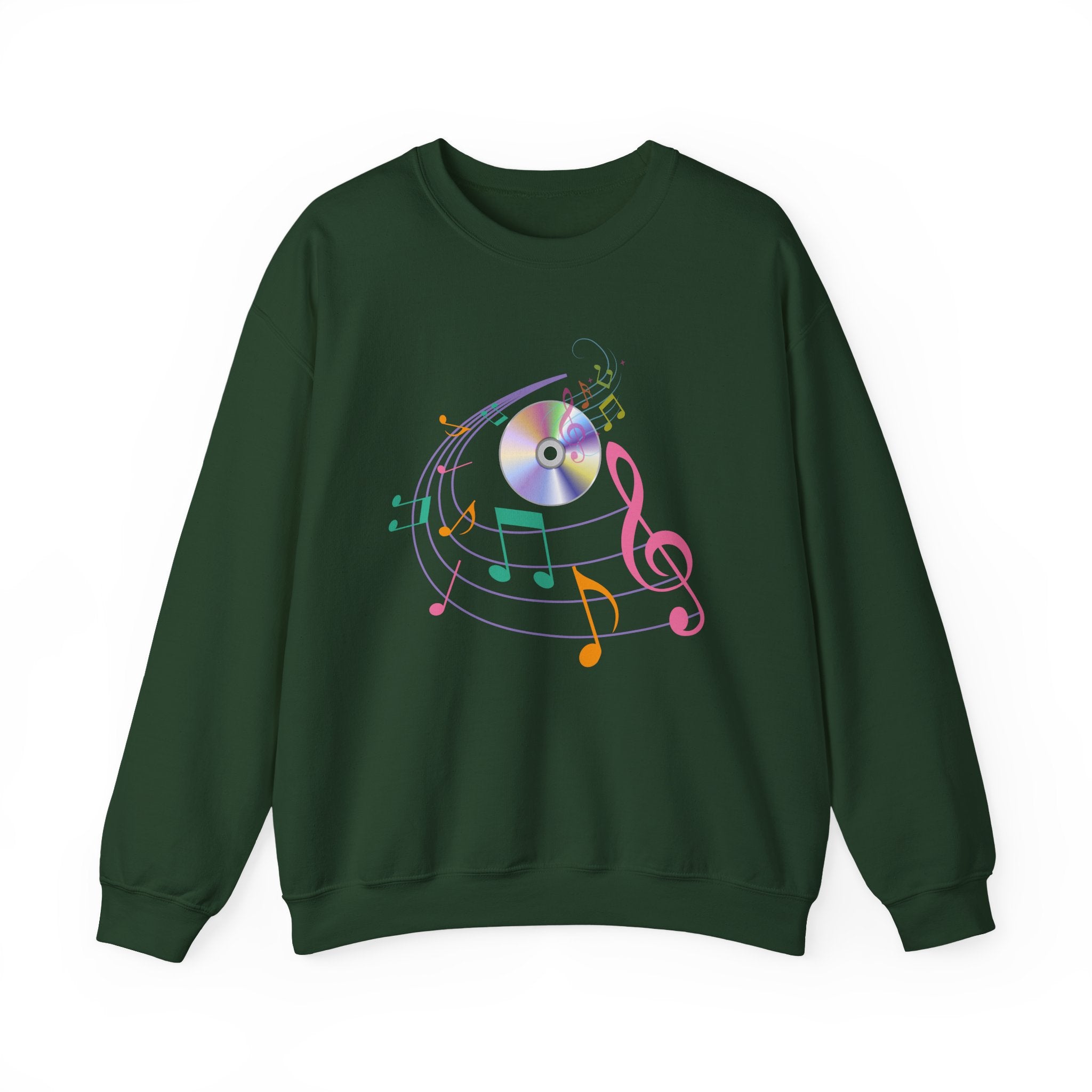Forest green sweatshirt with music-themed design on a white background