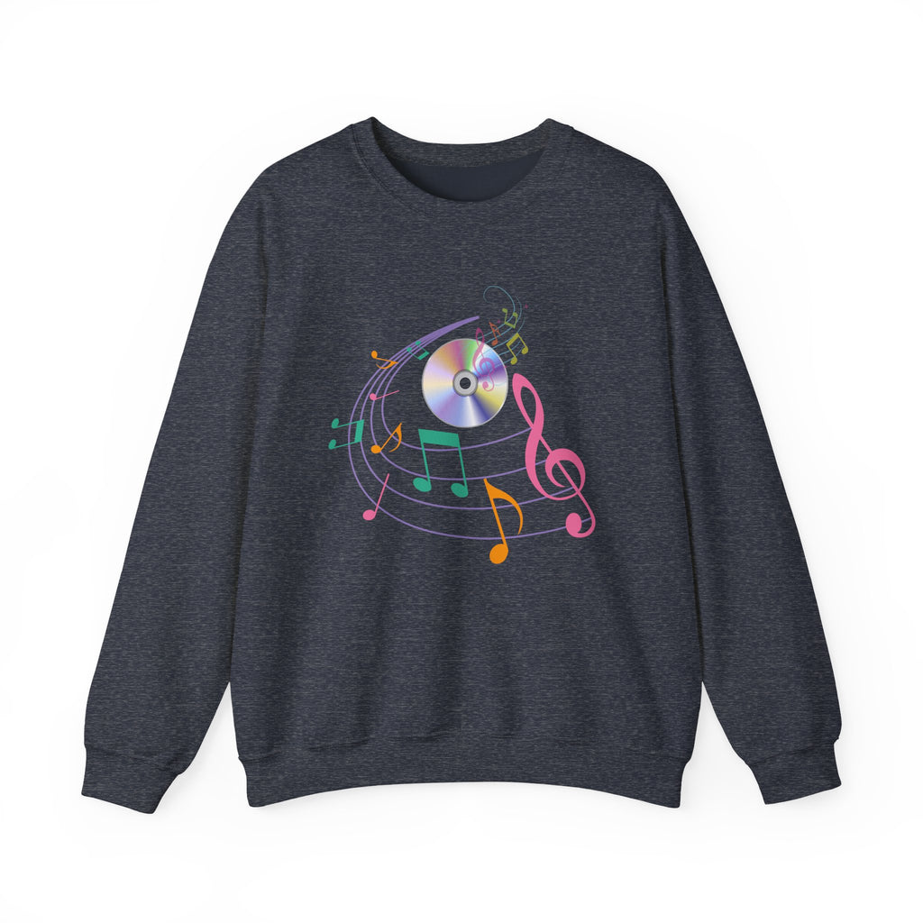 Heather sport dark navy sweatshirt with colorful music notes and a CD on a white background