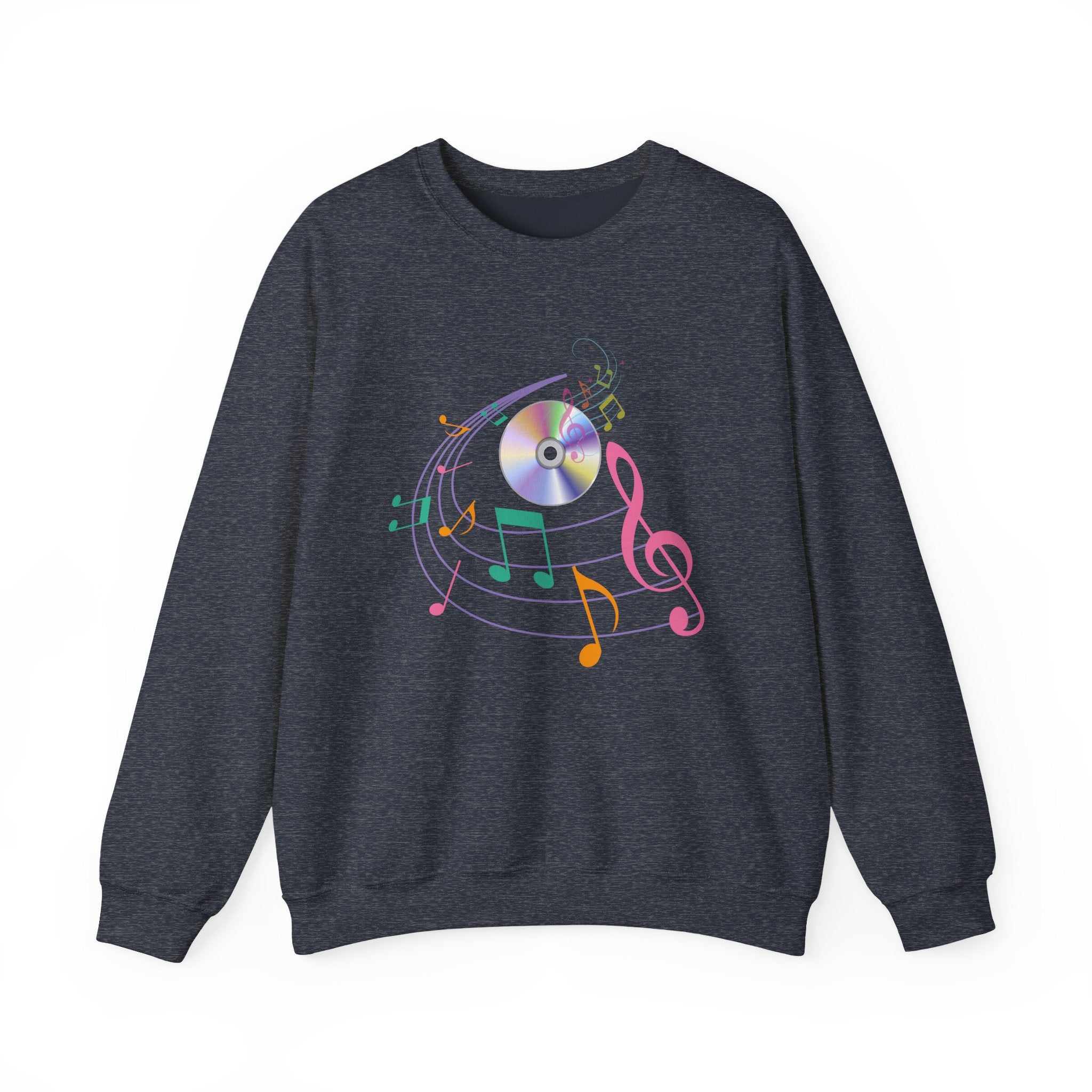 Heather sport dark navy sweatshirt with colorful music notes and a CD on a white background