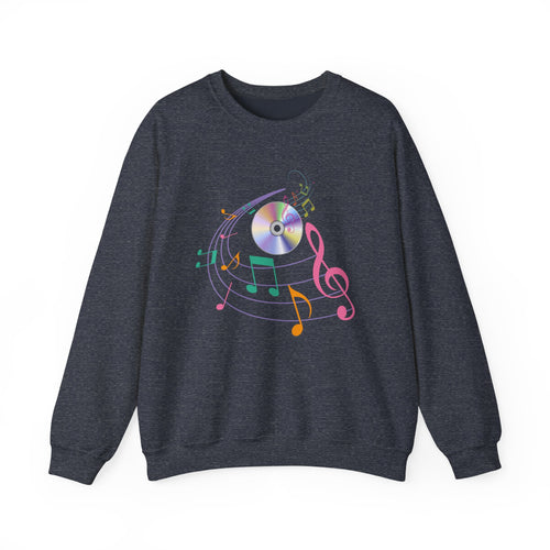 Heather sport dark navy sweatshirt with colorful music notes and a CD on a white background