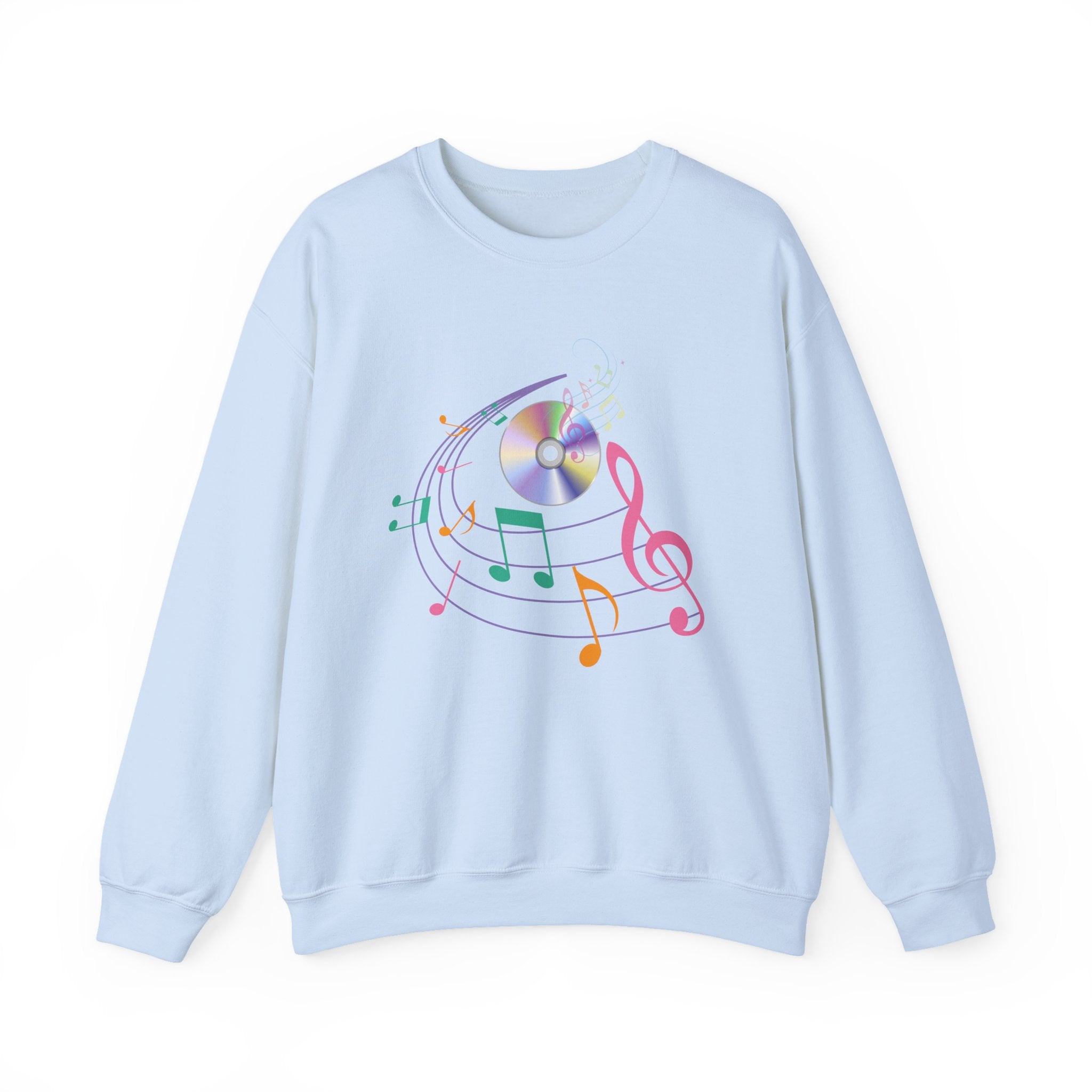 Light blue sweatshirt with colorful music-themed design on a white background