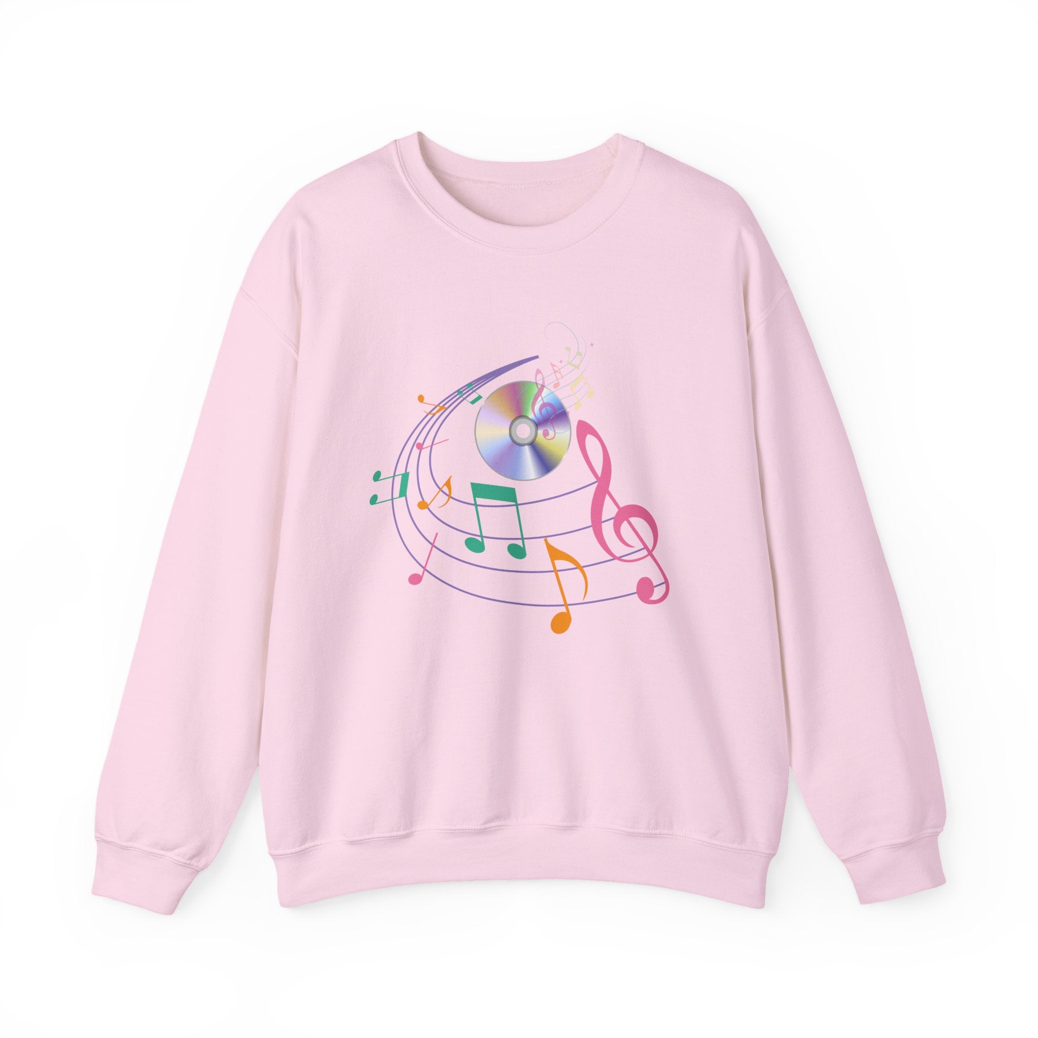 Light pink sweatshirt with music-themed design on a white background