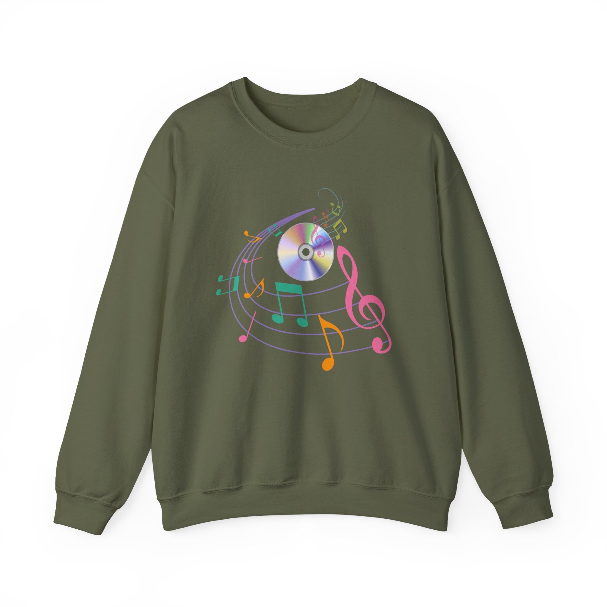Military green sweatshirt with colorful music notes and a CD on a white background
