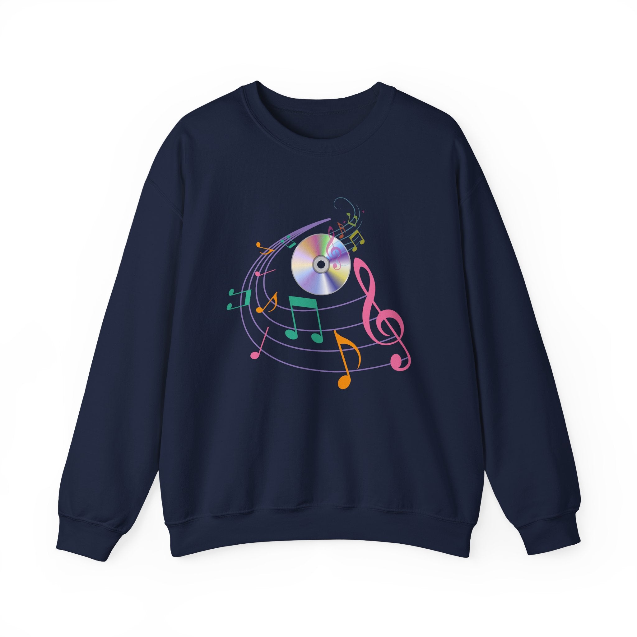 Navy blue sweatshirt with colorful music notes and a CD on a white background
