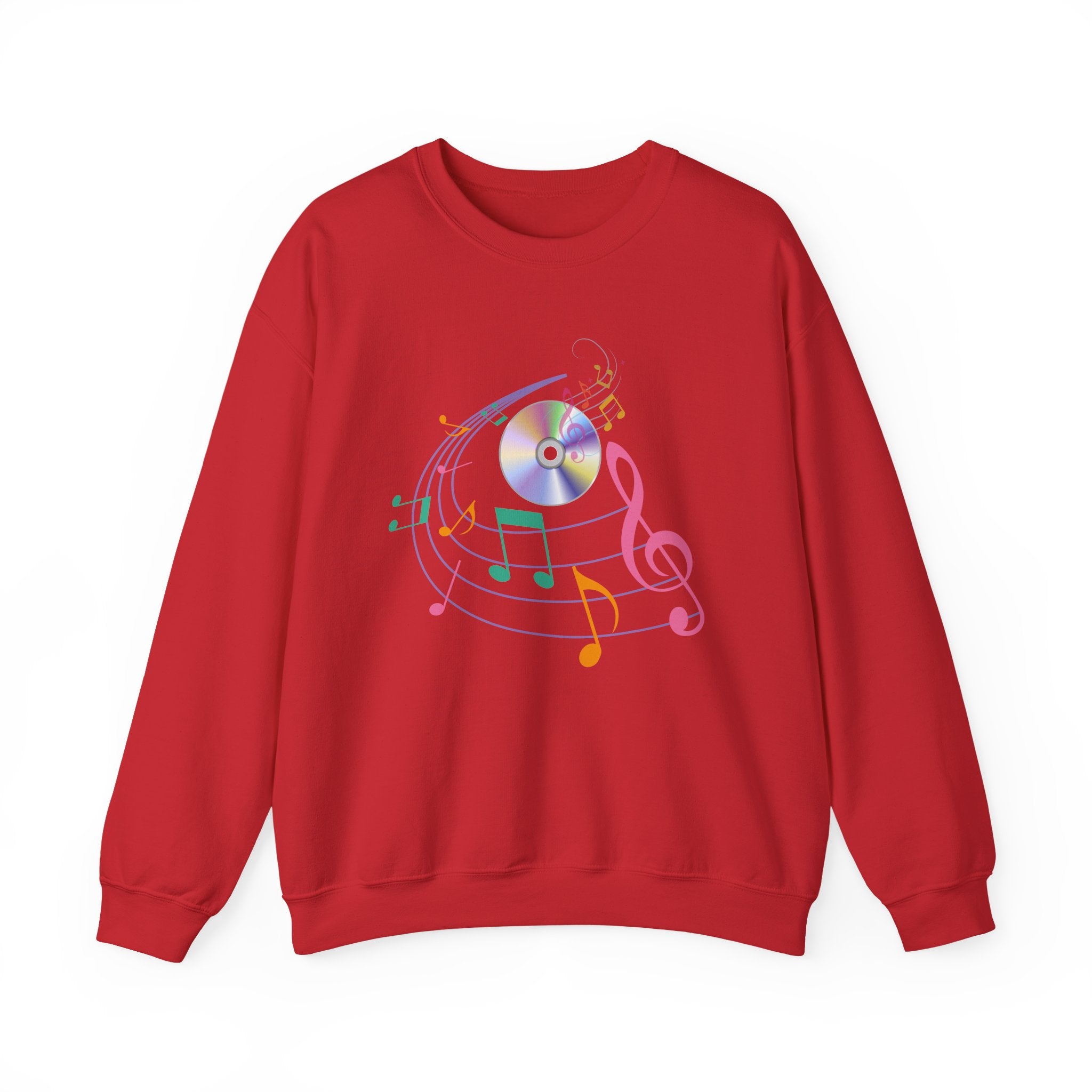 Red sweatshirt with music-themed design on a white background