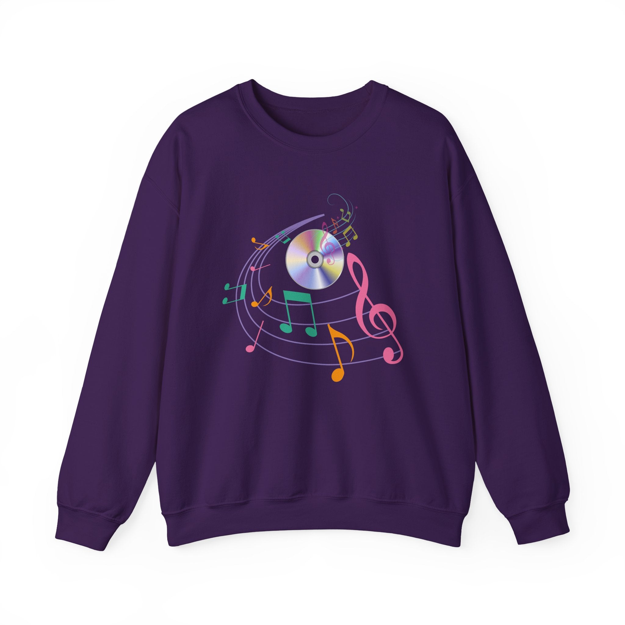Purple sweatshirt with music-themed design on a white background