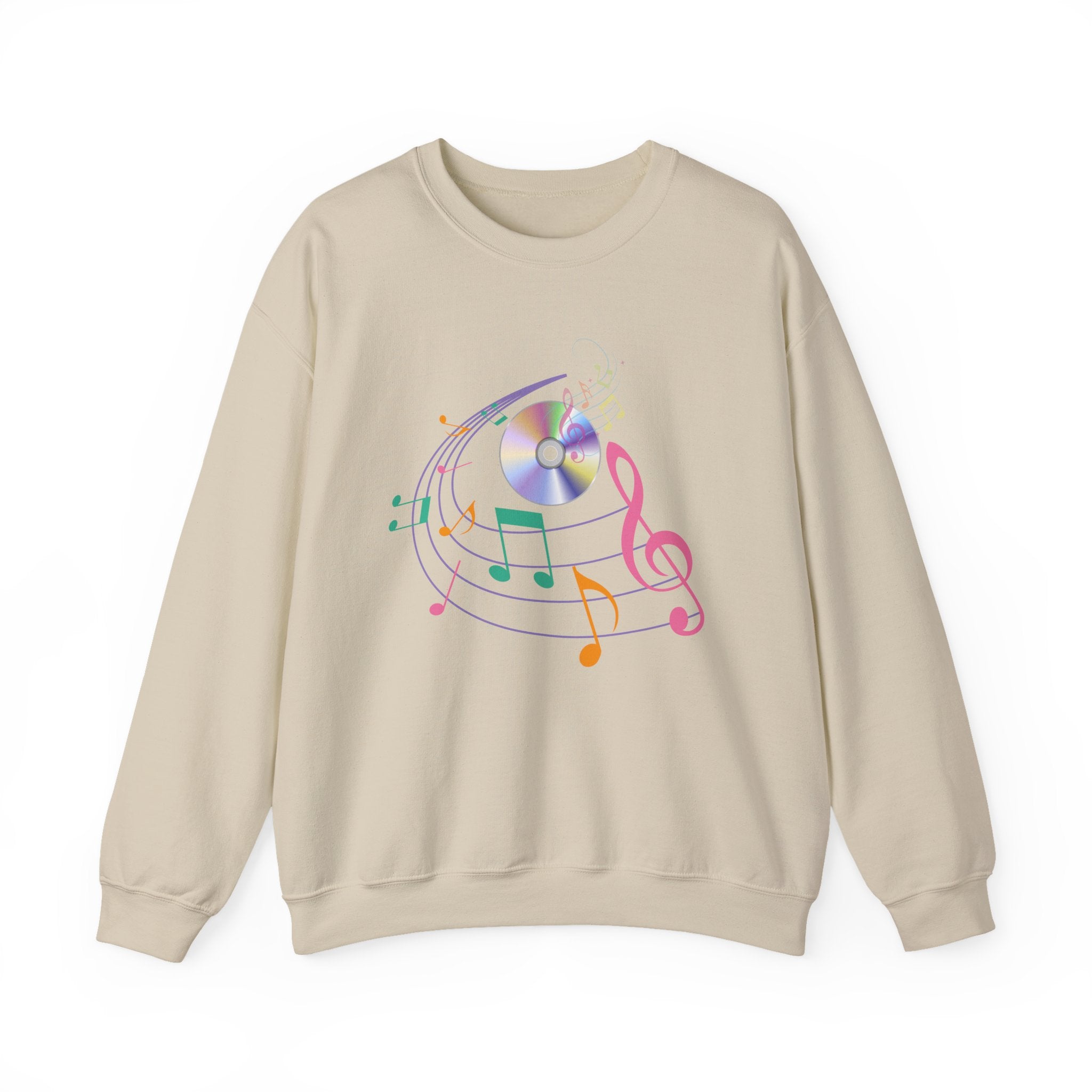 Beige sweatshirt with colorful music note design on a white background