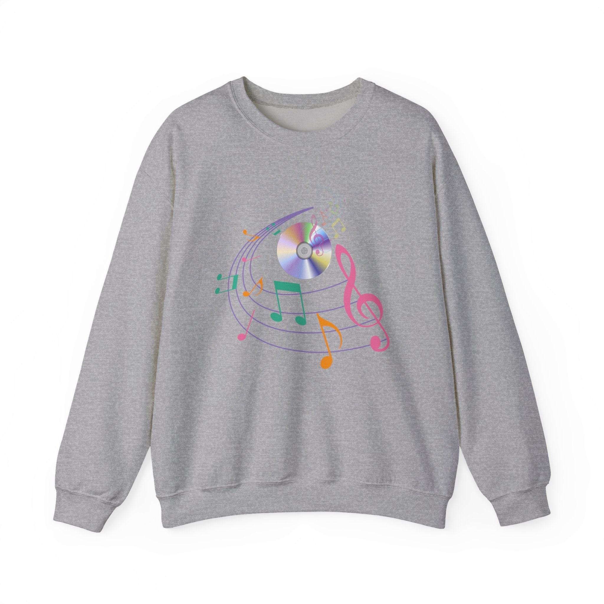 Gray sweatshirt with a colorful music-themed design on a white background