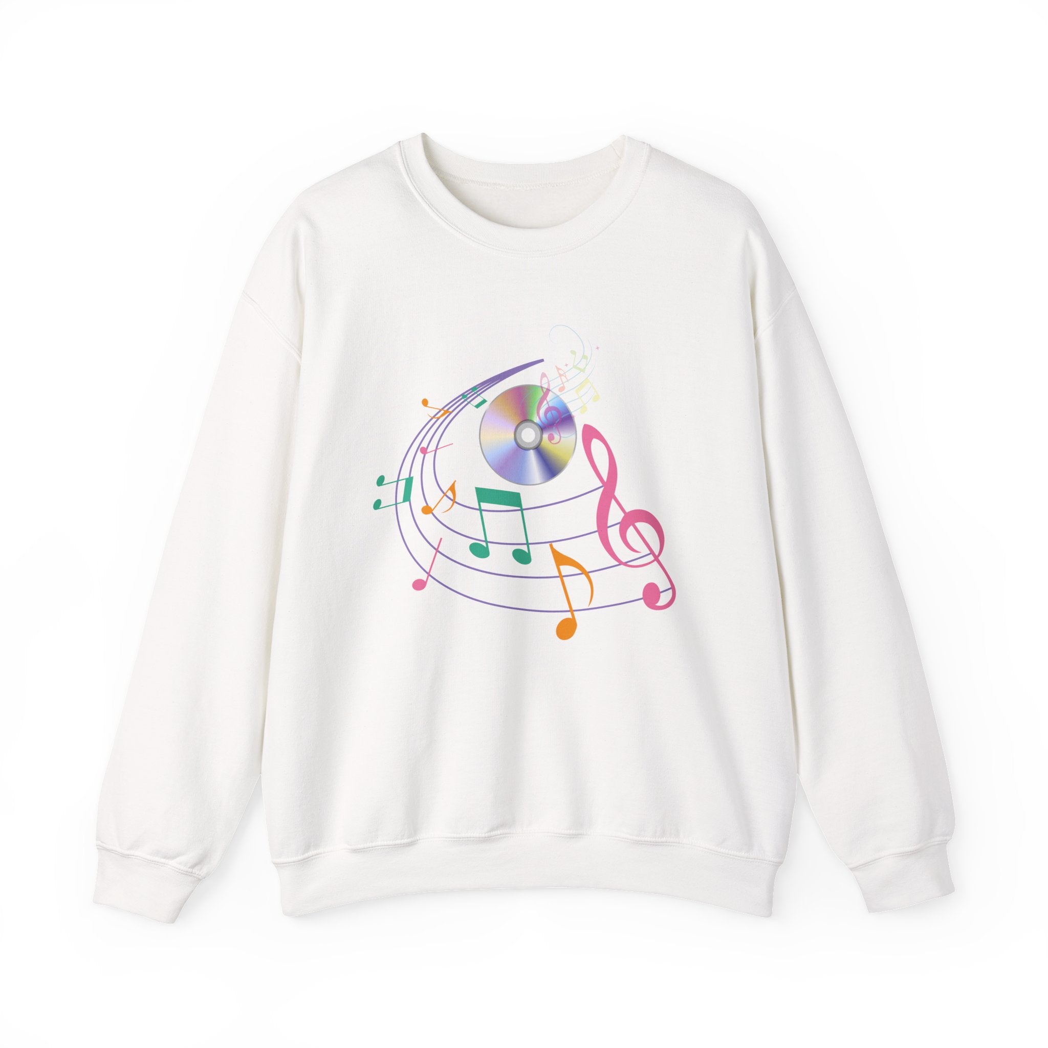 White sweatshirt with colorful music-themed design on a white background